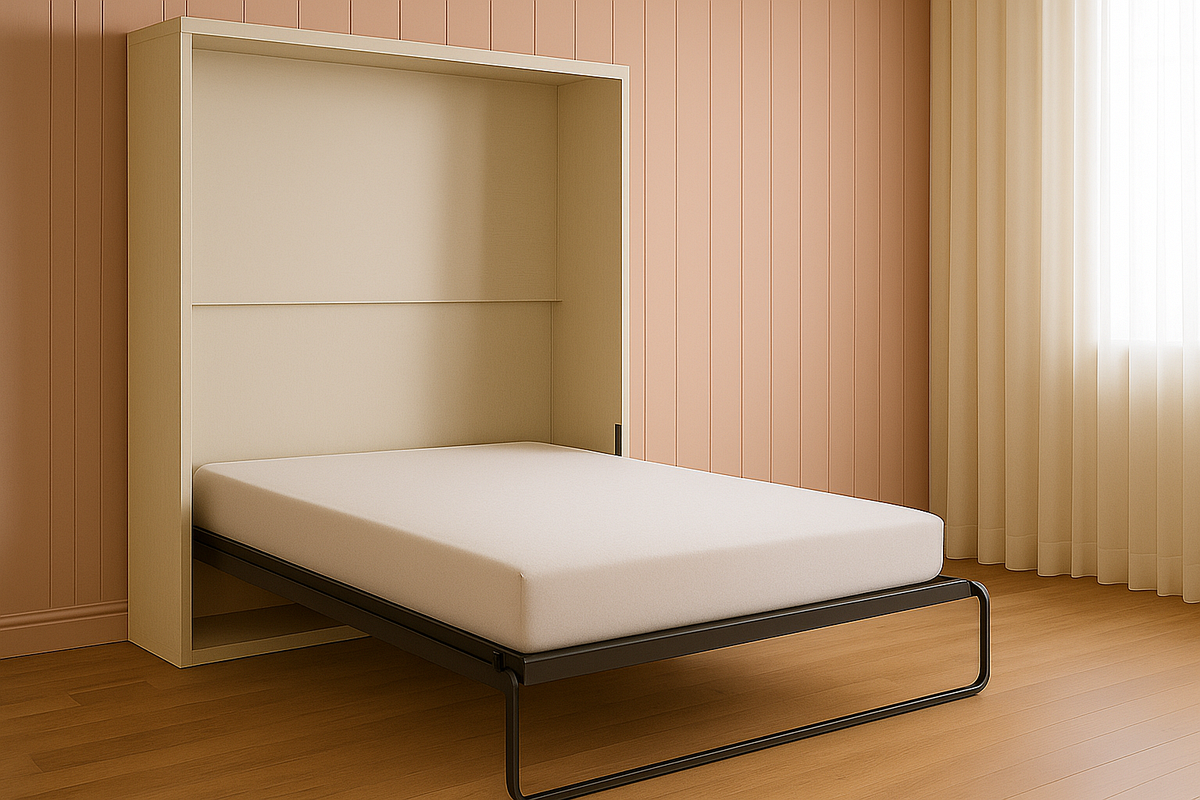 Cama Abatible Pared Madera Espacio Reducido Vertical  Beige