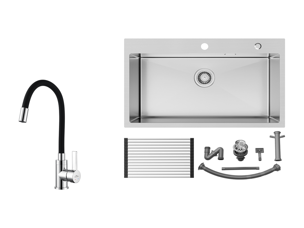 Tucasago Fregadero Cocina 1 Tanque Inox Cepillado75*45*19CM- Fregadero con Escurridor plegable+Gripo de Cocina Flexible Boco Alto Orientable
