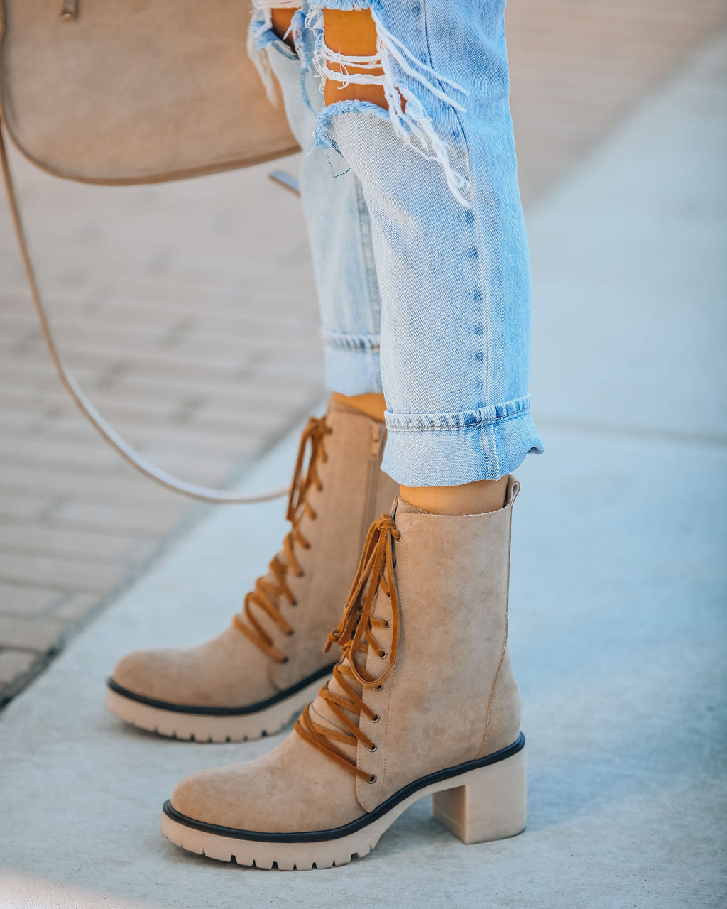 Danny Lace Up Heeled Boot - Latte - Se7enfashion