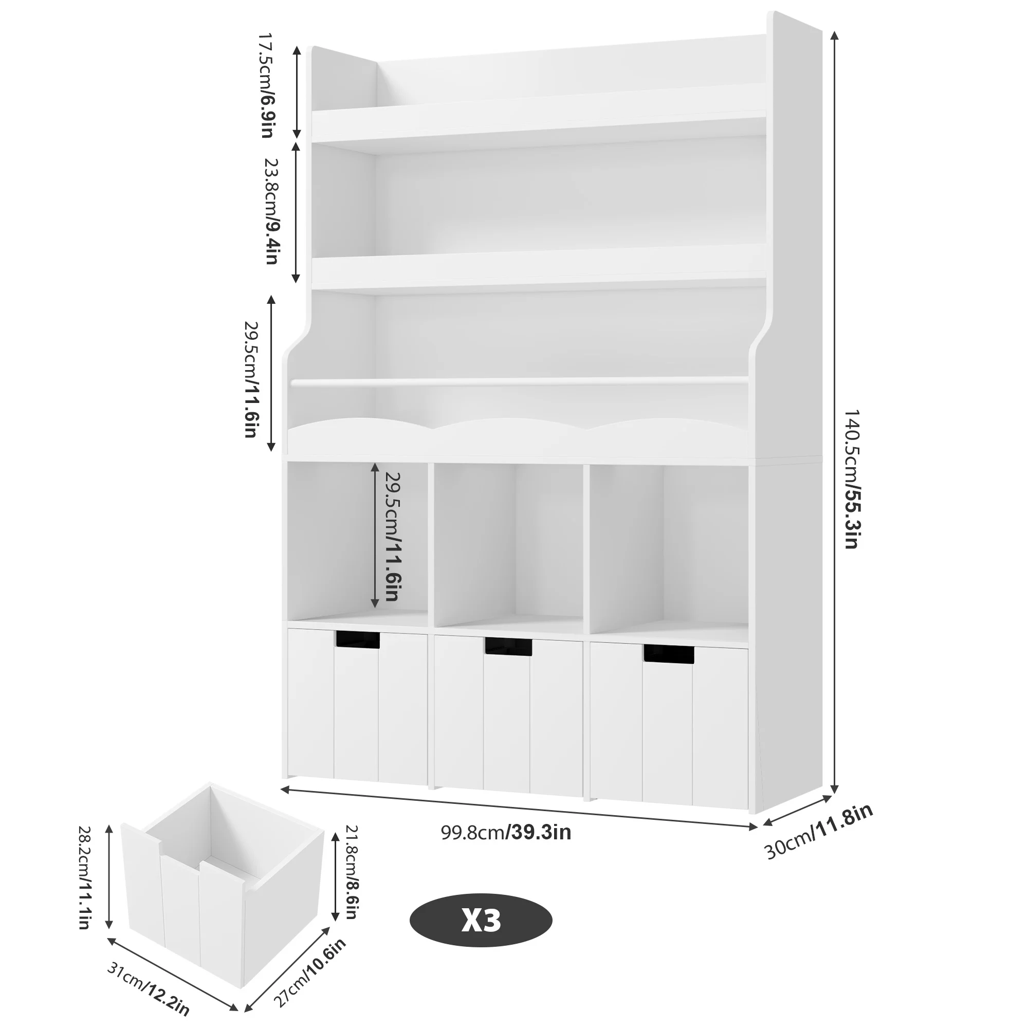 Homfa 55.5- H Kids Bookshelf with 2-Tier Book Shelves, Children Toy Organizer with 3 Cubes and Removable Drawers, White - Image 7