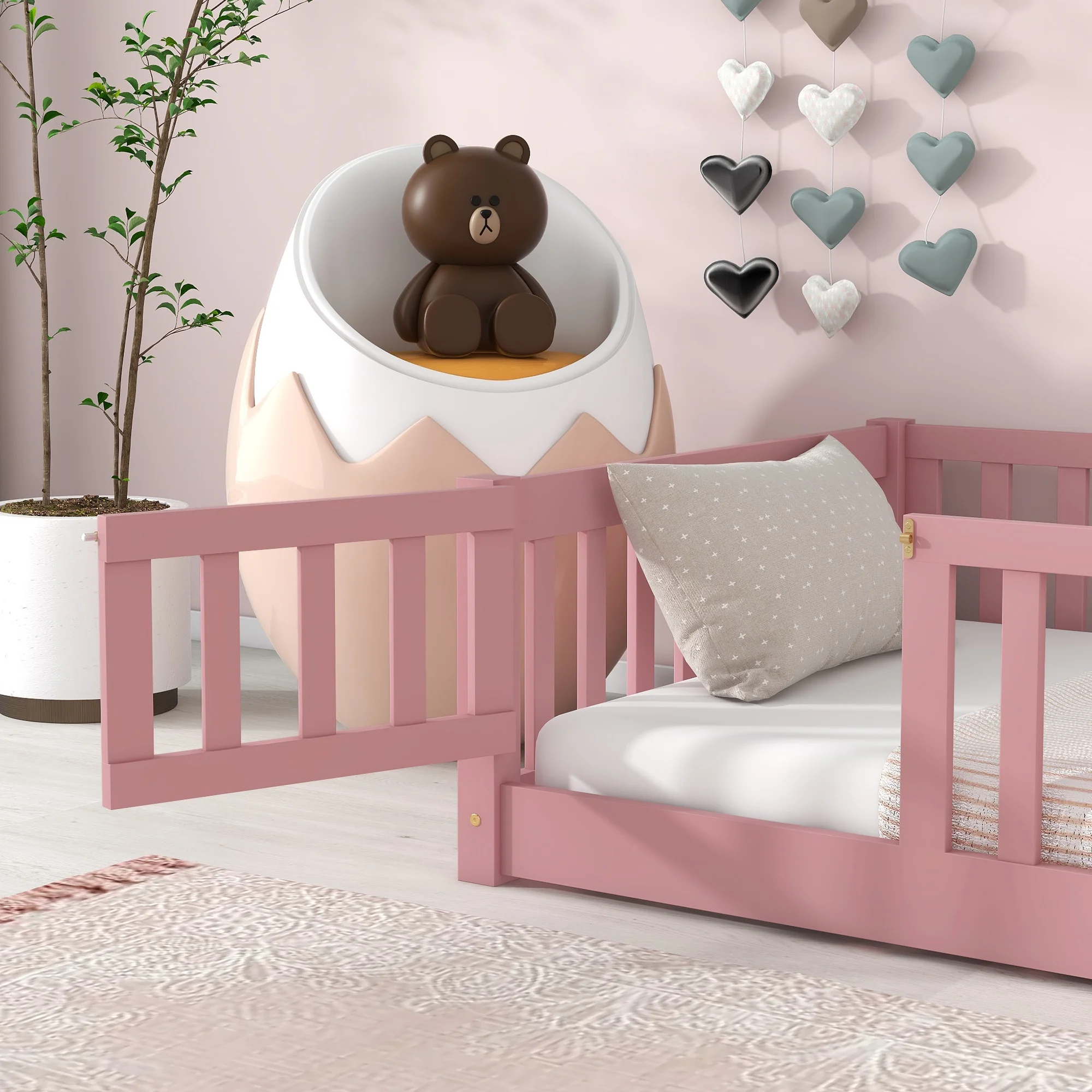 UHOMEPRO Twin Size Floor Bed with Door and Fence, Montessori Floor Bed with Slats and Safety Guardrails, Solid Wood Twin Bed Frame for Bedroom, White - Image 43