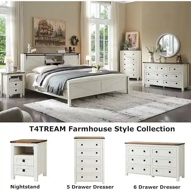 Farmhouse Platform Bed with Storage Headboard Sliding Doors and Charging Station