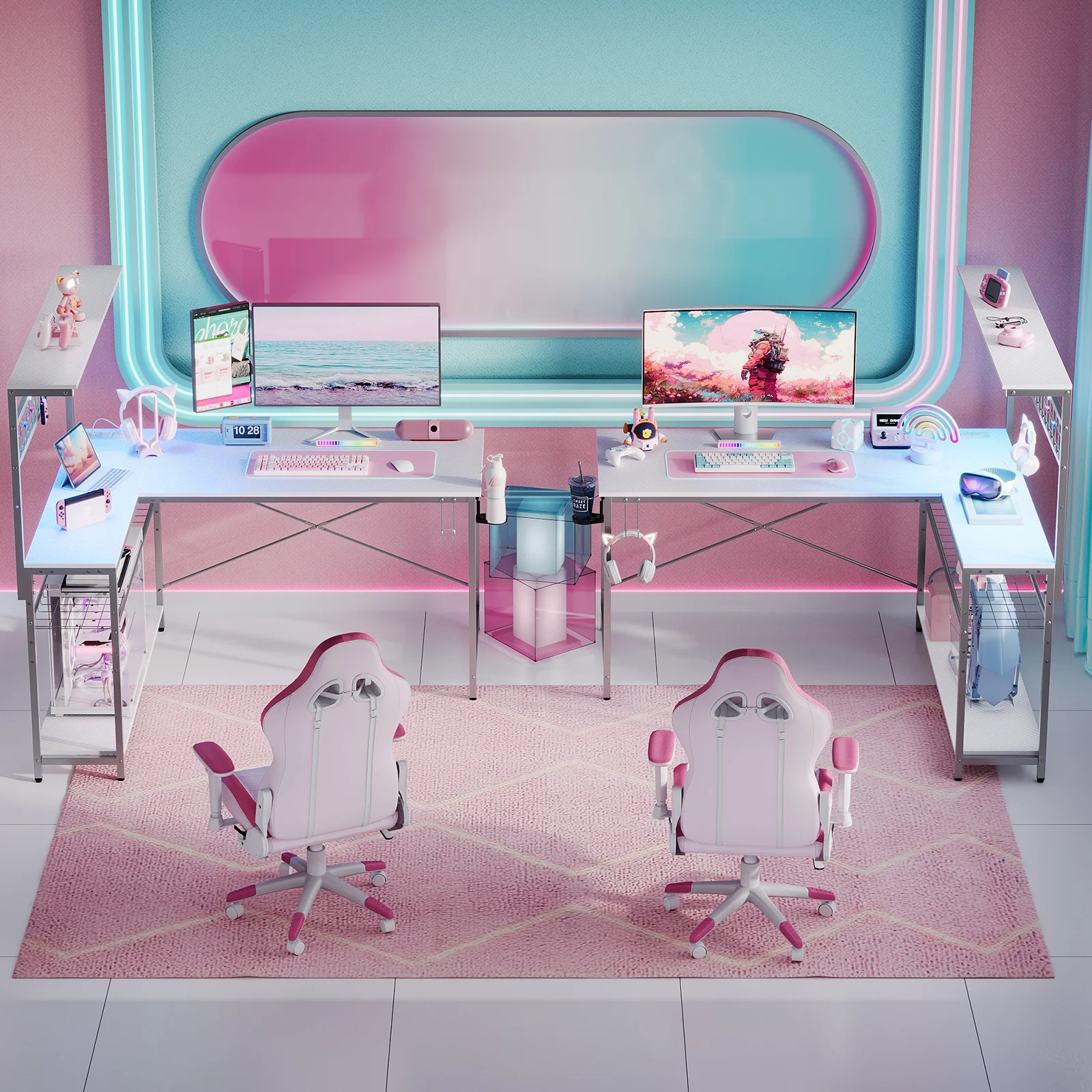 Bestier 51 L Shaped Gaming Desk with Power Outlets & LED Light, Computer Desk with 4 Tiers Shelves for Home Office, Reversible Gamer Table with Hooks and Cup Holder, Carbon Fiber - Image 15