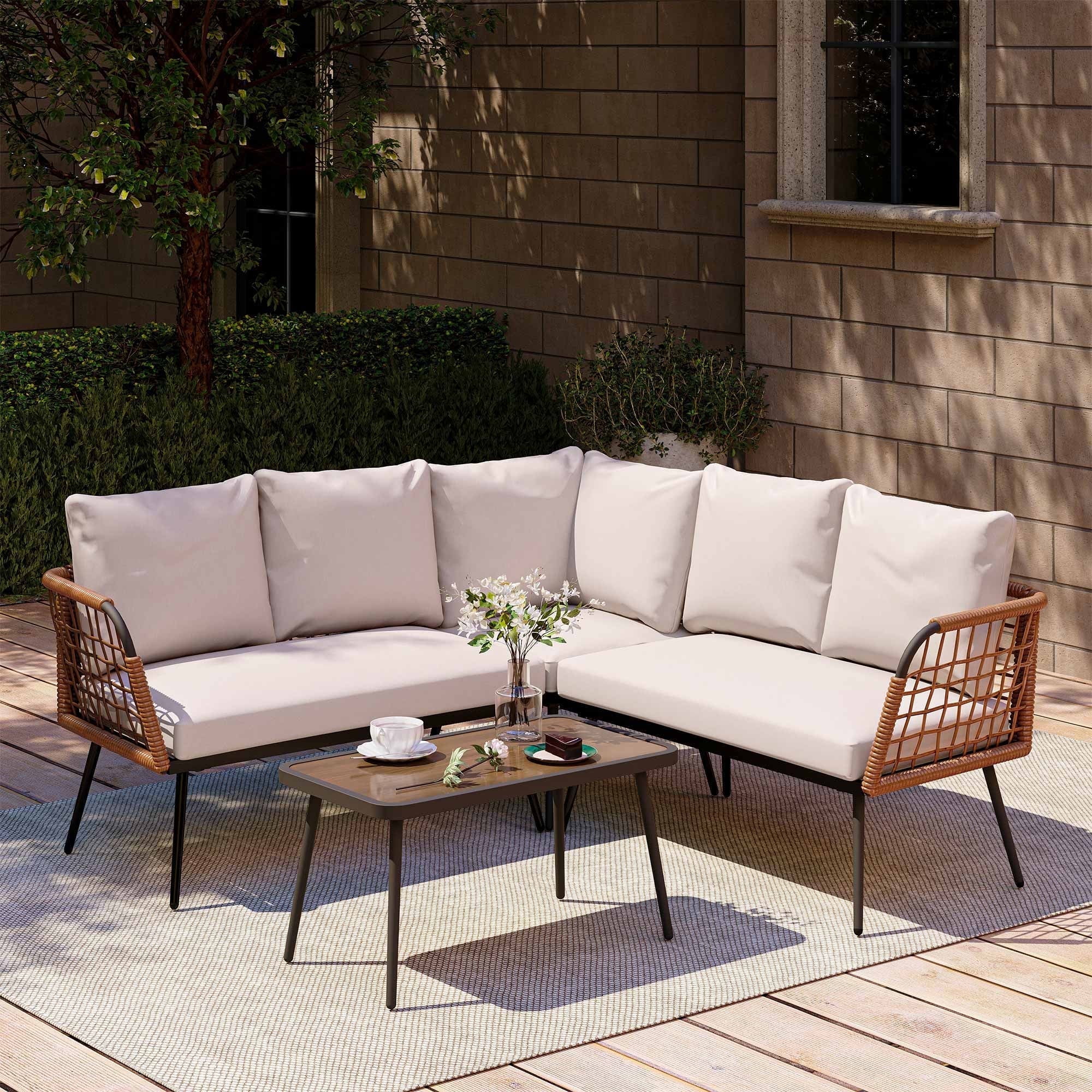 LAUSAINT HOME 4 Pieces Outdoor Conversation Sets, Patio Metal Frame Sofa with Wood Loveseat and Coffee Table, Beige Cushions - Image 12