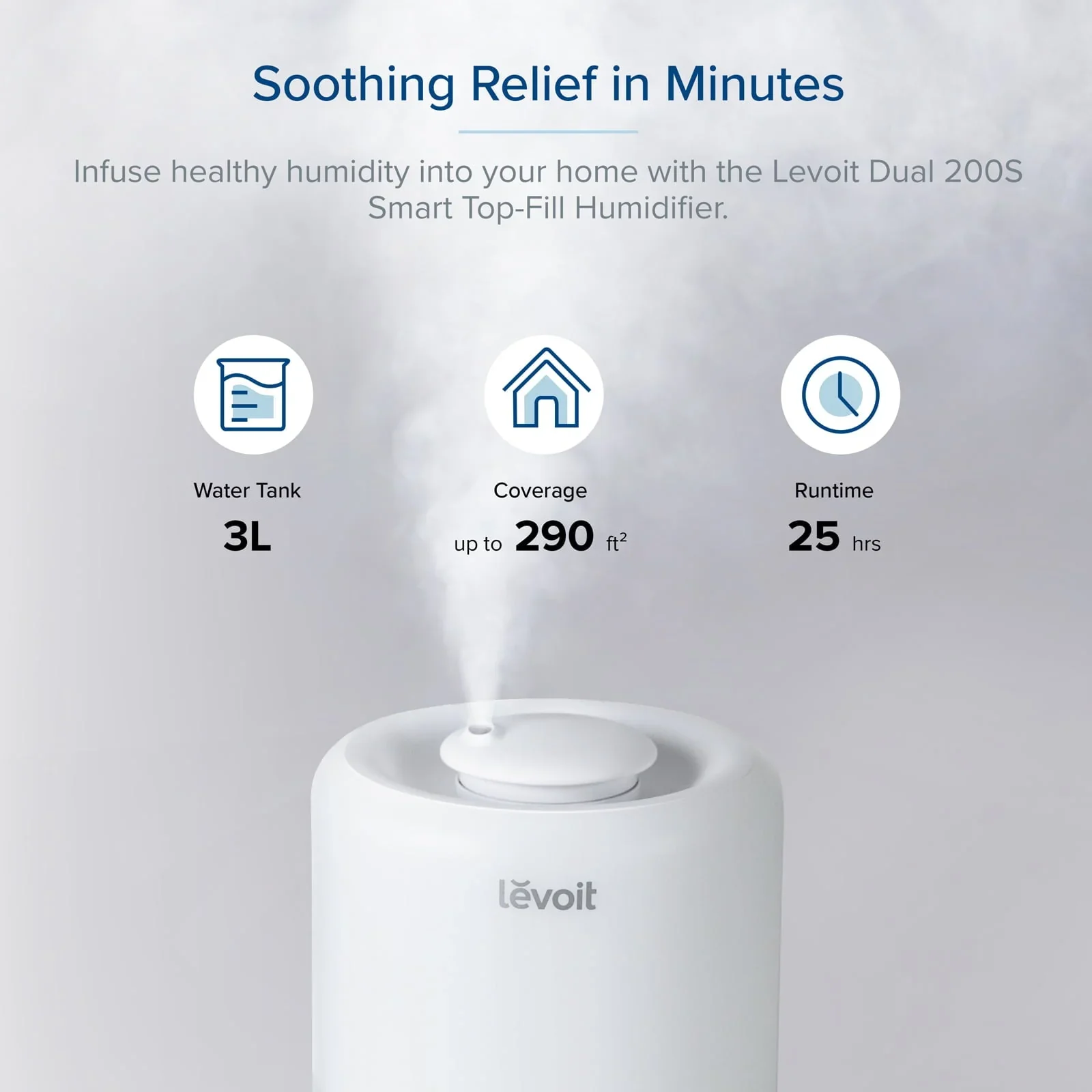 Levoit Smart Cool Mist Humidifier for Rooms, Top-Fill Humidifier for Baby with Sensor, Night Light, 3 Liter, Dual 200S, White