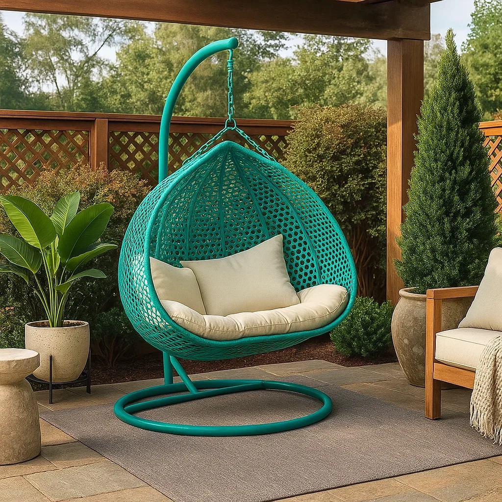 Sillón colgante de 2 plazas de resina trenzada turquesa con cojines beige - qXAHvlz243Dk