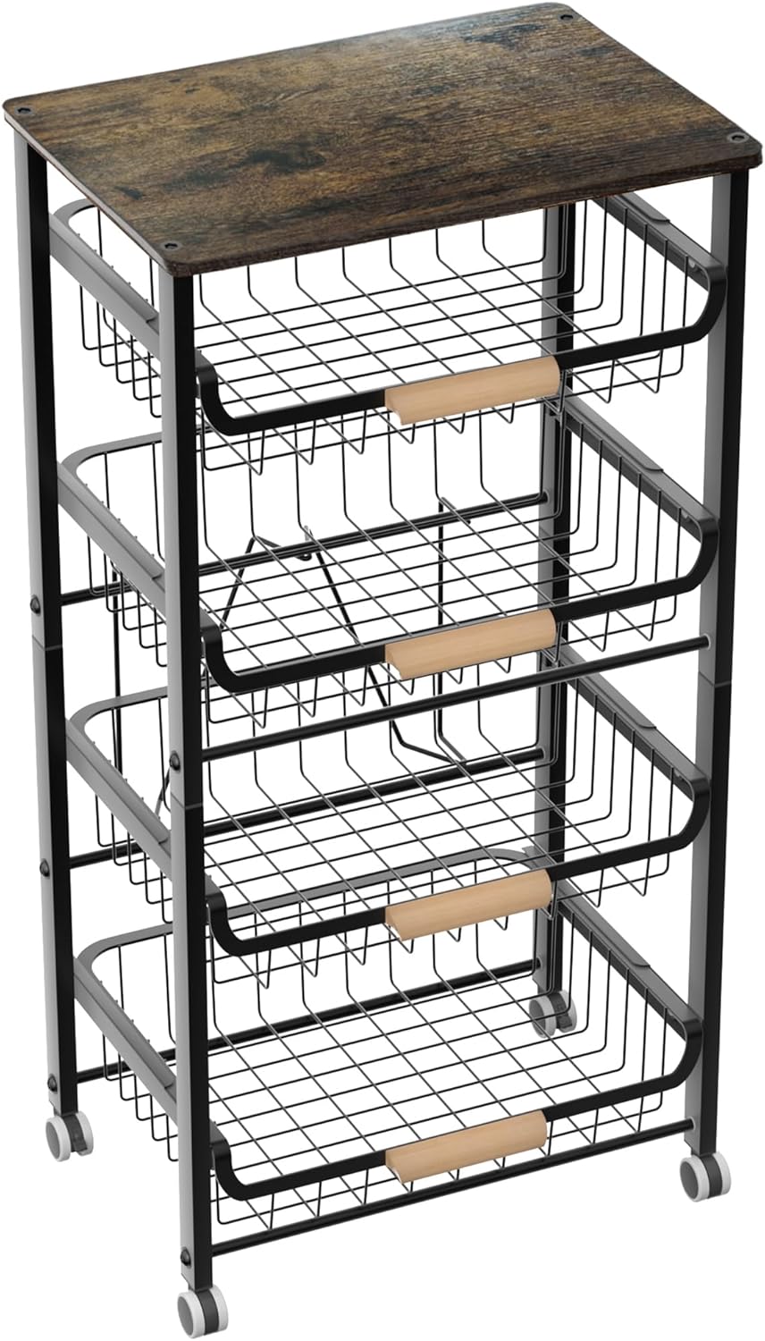 NiuYichee 3-layer Kitchen Fruit Storage Basket Snack Rack, Countertop & Desktop Pull-out Metal Basket with Handle, Organizers