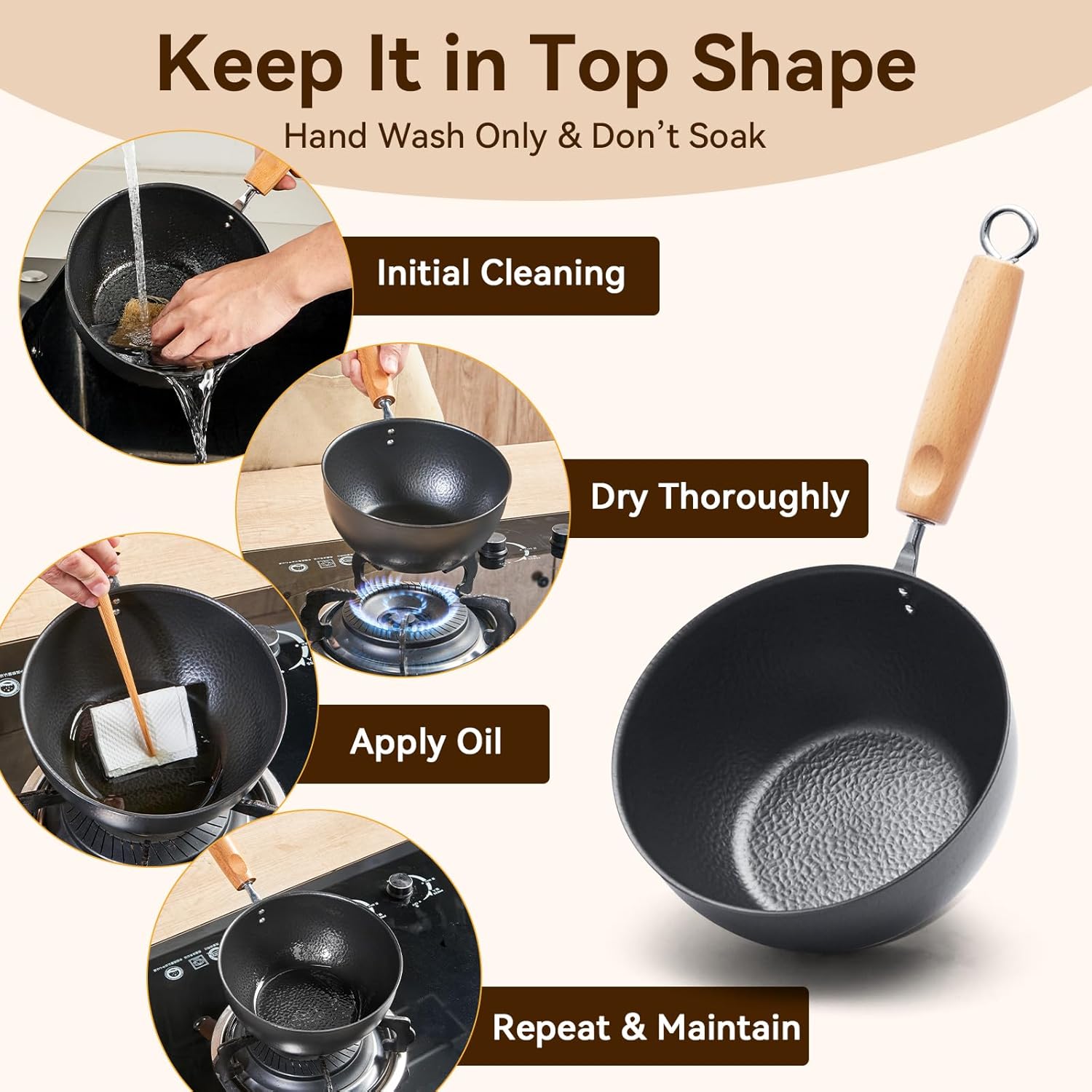 WANGYUANJI 1.5QT Iron Saucepan with Lid, Hammered Milk Pot for Boiling Ramen, Removable Wood Handle for Camping & Storage, Non-Coated Small Cookware for Single Serving, Induction Compatible
