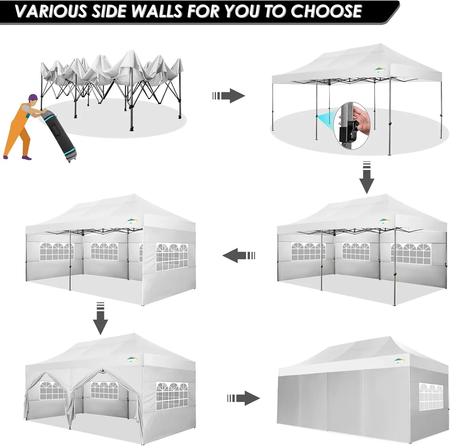 COBIZI 10x20 Heavy Duty Pop up Canopy Tent with 6 sidewalls Easy Up Commercial Outdoor Canopy Wedding Party Tents for Parties All Season Wind & Waterproof Gazebo with Roller Bag,Black(Frame Thickened)