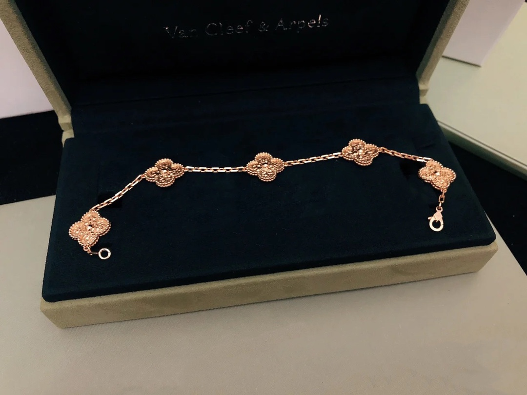 VCA Vintage Alhambra Bracelet Necklace, 5Motifs, Rose Gold,No Diamond - Original Replica Club