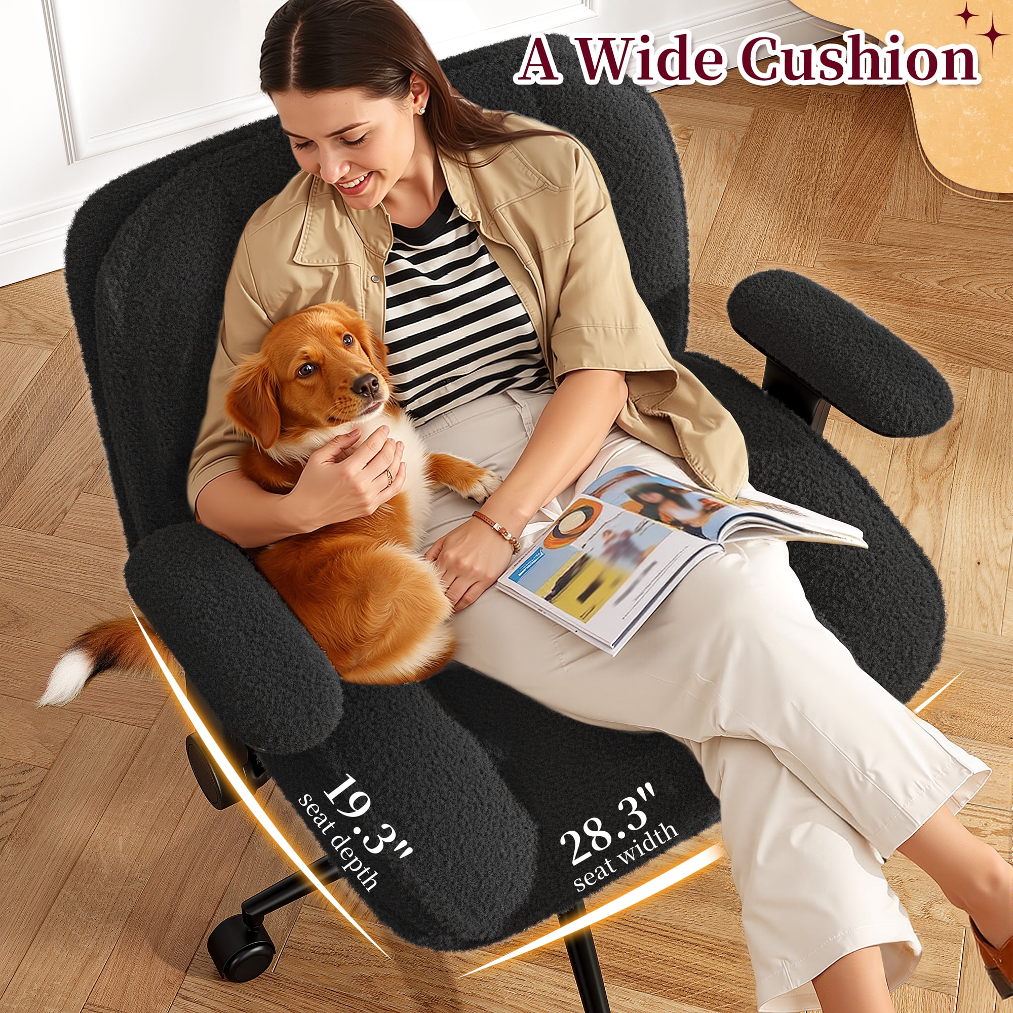 Romorgniz Criss Cross Chair with Adjustable Arms & Lumbar Support Office Chair with Reclining Back, Thick Cushion & Wheels for Office, Gaming, Reading, Vanity, Off-White - Image 22