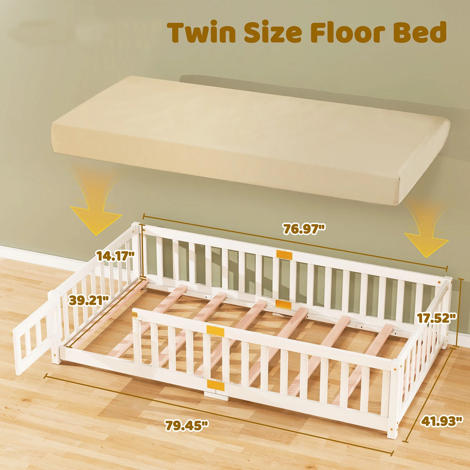Slsy Twin Size Toddler Floor Bed, Solid Wood Montessori Bed Frame with Fence & Door Montessori Floor Bed Crib with Safety Guardrails for Girls and Boys - Image 9