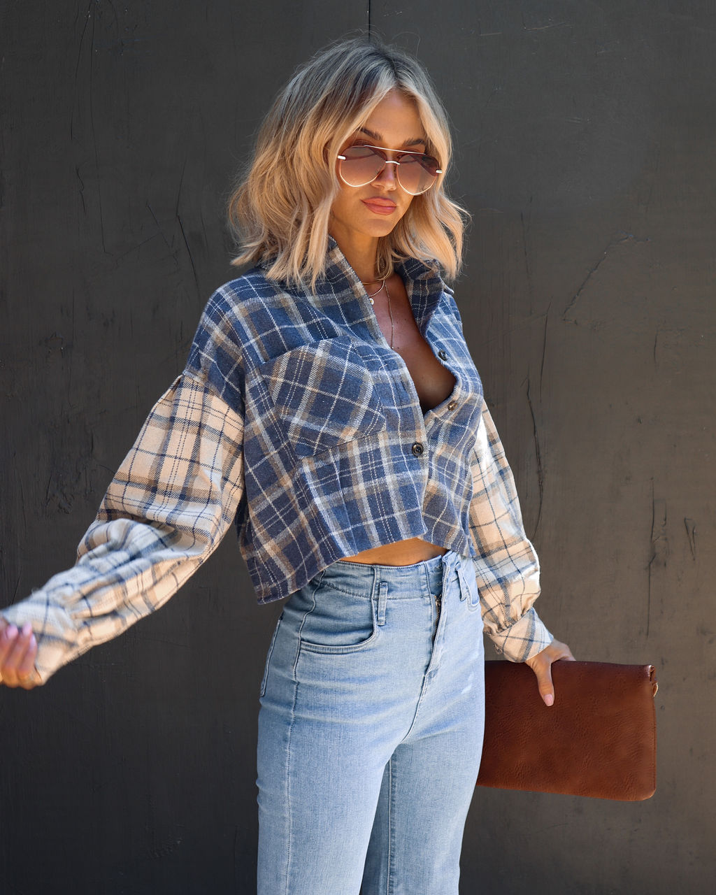 Missing Piece Plaid Colorblock Button Down Top - Se7enfashion