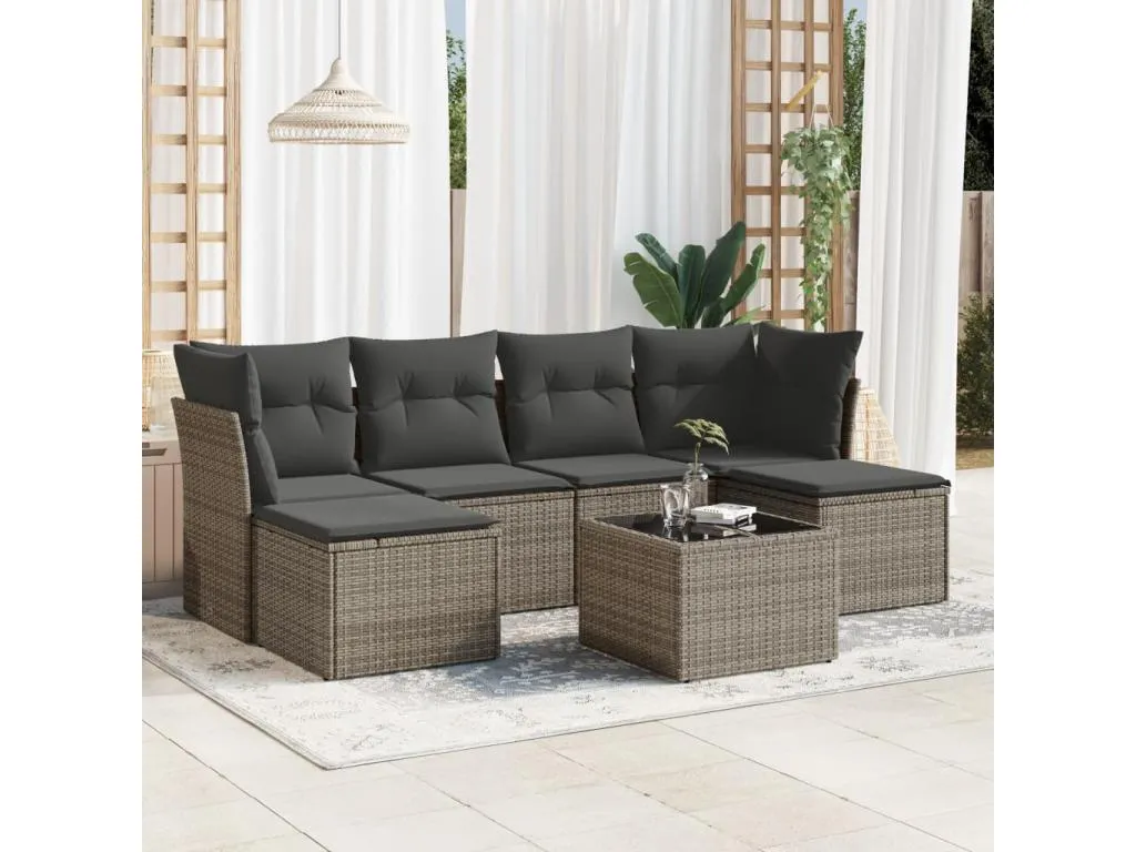 Set de sofás de jardín 7 piezas con cojines ratán PE gris wudh33120