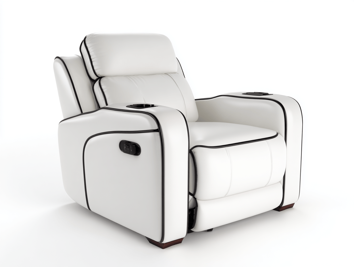 Sillón reclinable eléctrico en piel sintética blanca con ribetes negros 95×105×105 cm - con portavasos - estilo moderno