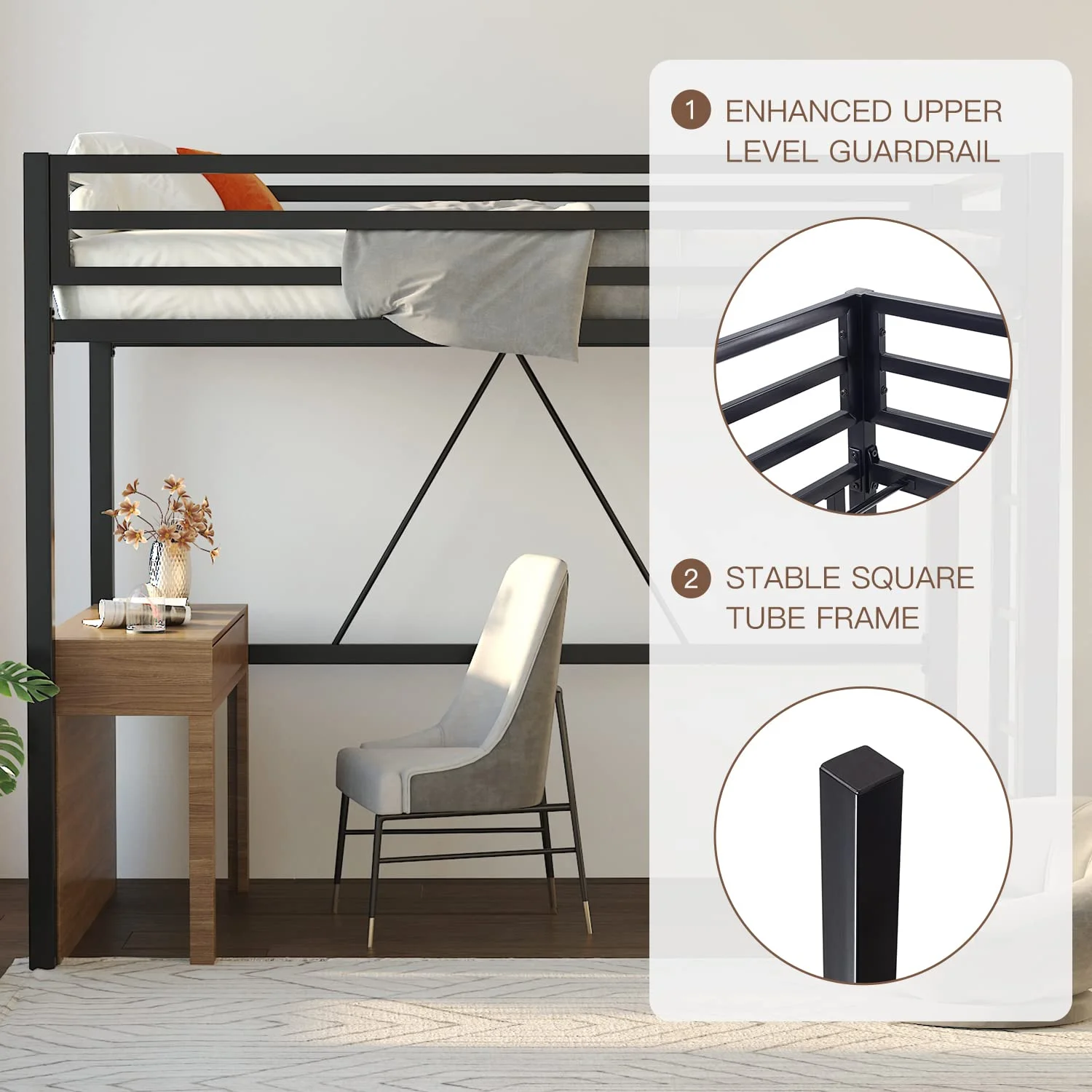 Einfach Metal Twin Size Loft Bed with Removable Ladder & Full-Length Guardrail, White - Image 16