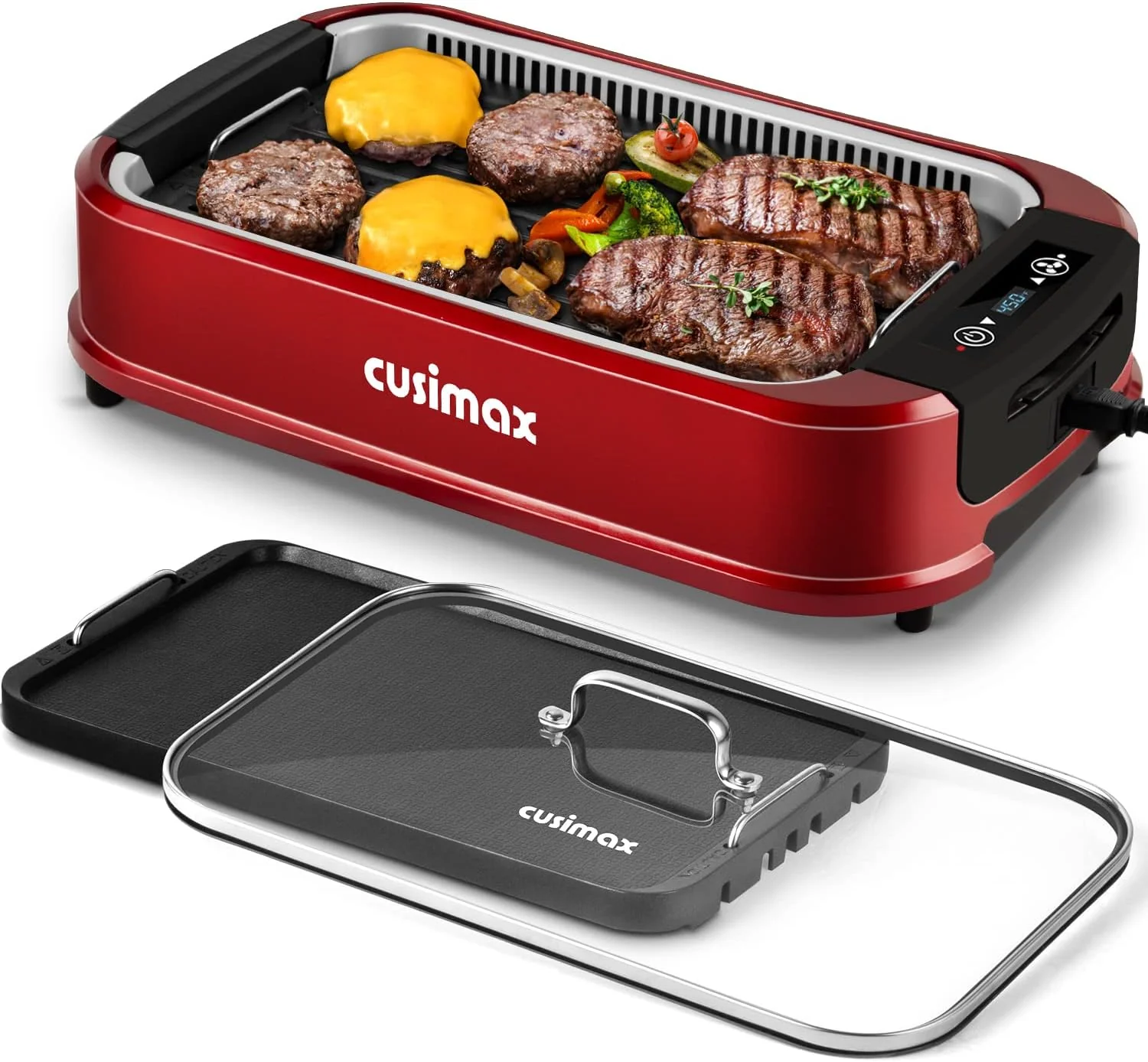 Indoor Grill, CUSIMAX Smokeless Grill Indoor, 1500W Electric Grill Griddle Korean BBQ with LED Smart Display & Tempered Glass Lid, Non-stick Removable Grill Plate & Griddle Plate, Black