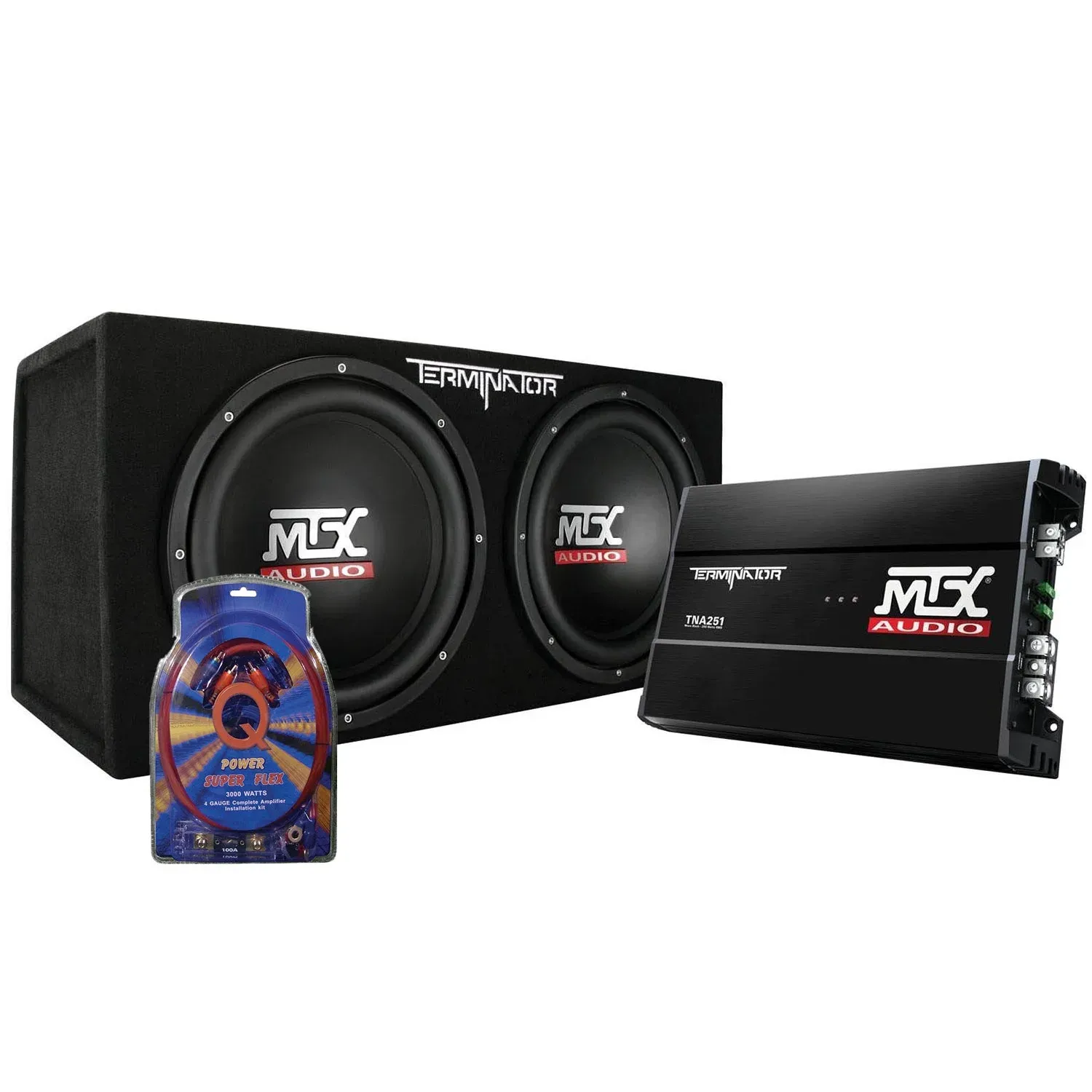 MTX 12" Dual Loaded Car Subwoofer w/Sub Box, Amplifier, & QPower Wiring Kit