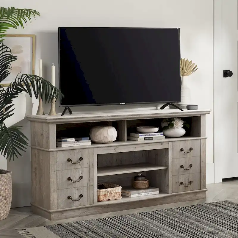 60-Inch Retro TV Stand Entertainment Center with 2 Cabinets and Open Shelves - Dimensions: 60W x 15.75D x 34.25H
