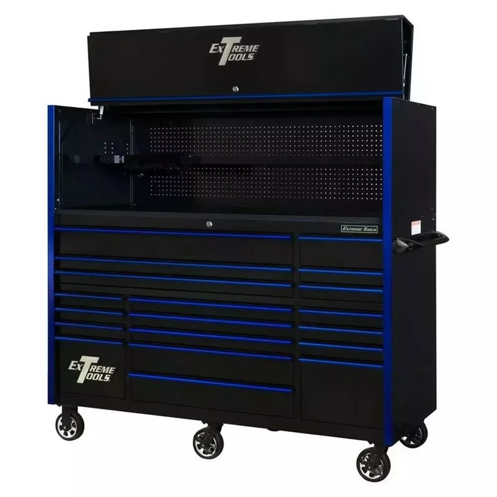 EXTREME TOOLS 72" RX SERIES 19-DRAWER 30" DEEP ROLLER CABINET W/HUTCH - BLACK W/BLUE DRAWER PULLS