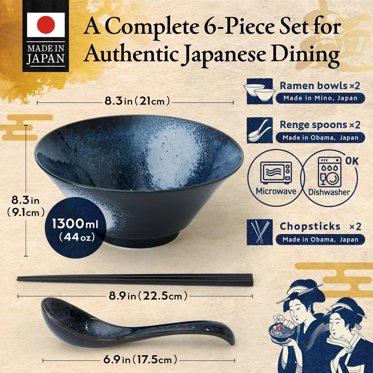 HIBINO Japanese Ramen Bowl Set of 2 | 44 oz Ceramic Ramen Bowls with Chopsticks & Spoons | Made in Japan Mino Ware | Microwave Safe Noodle & Soup Bowls | 6-Piece Dinnerware Set |「Kasumi Indigo」
