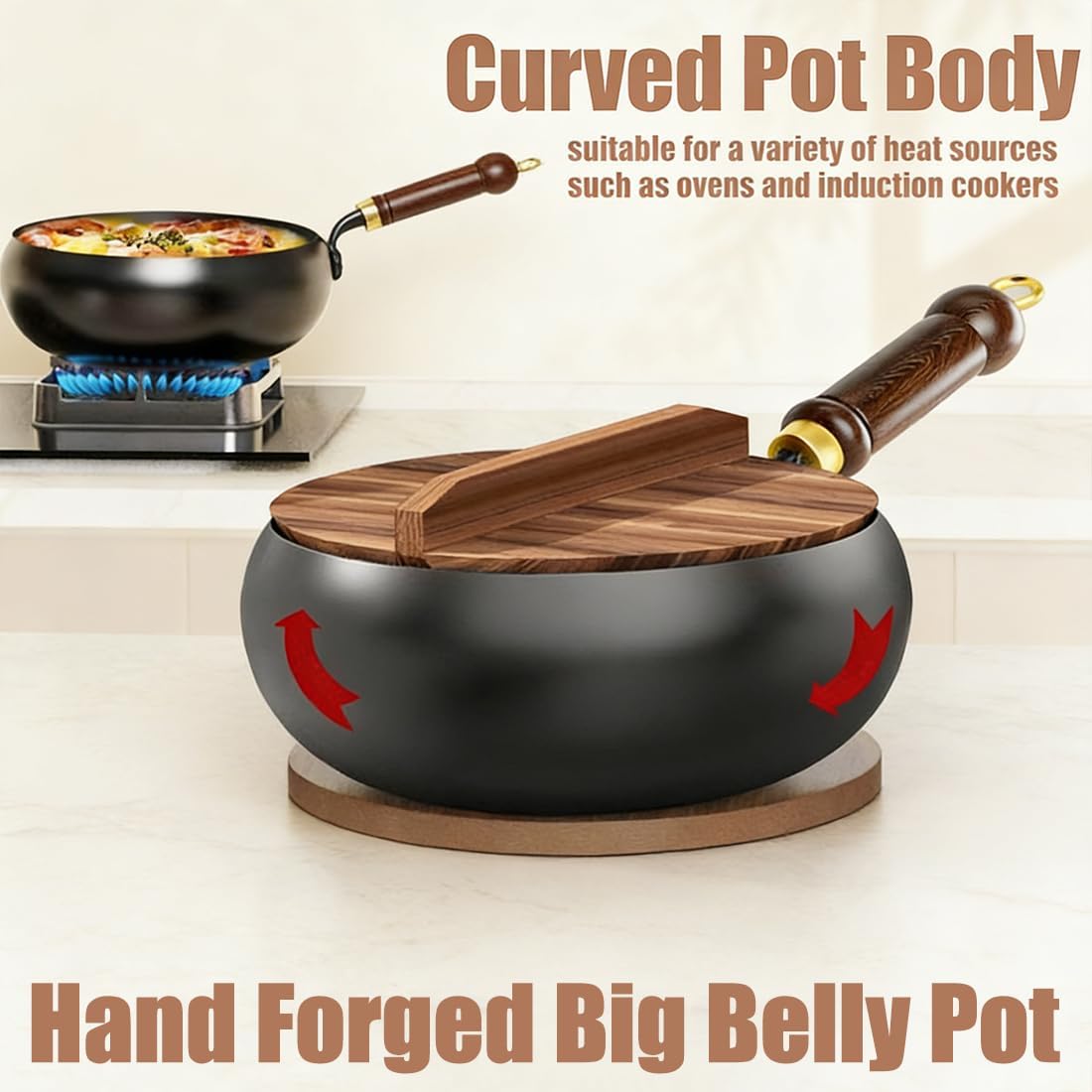 Uncoated Thick Iron Pot, Even Heating Non-Stick Japanese Wok Pan with Lid, Hand-Forged Japanese Cast Iron Wok with Spatula, Cast Iron Pot for Induction, Gas & Electric Cooktops (24cm-Wooden)