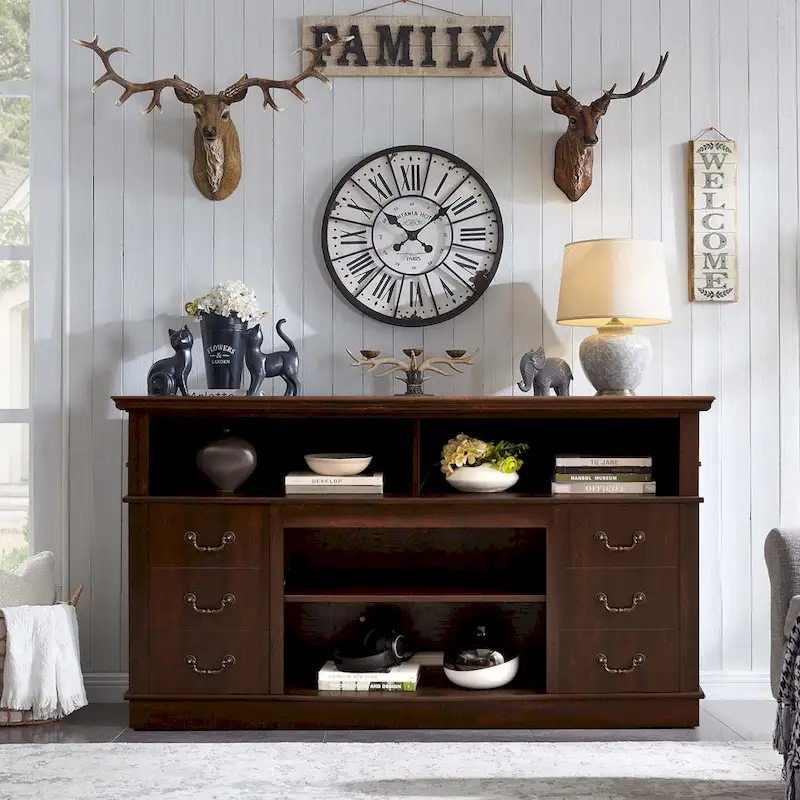 60-Inch Retro TV Stand Entertainment Center with 2 Cabinets and Open Shelves - Dimensions: 60W x 15.75D x 34.25H