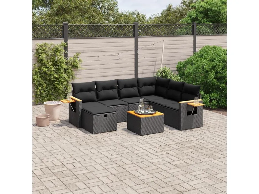 Set de sofás de jardín 8 piezas y cojines ratán sintético negro DRJU87551