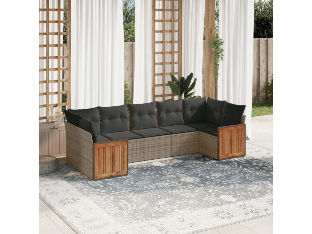 Habitarluz Set de sofás de jardín 7 piezas con cojines ratán PE gris HCMT71985