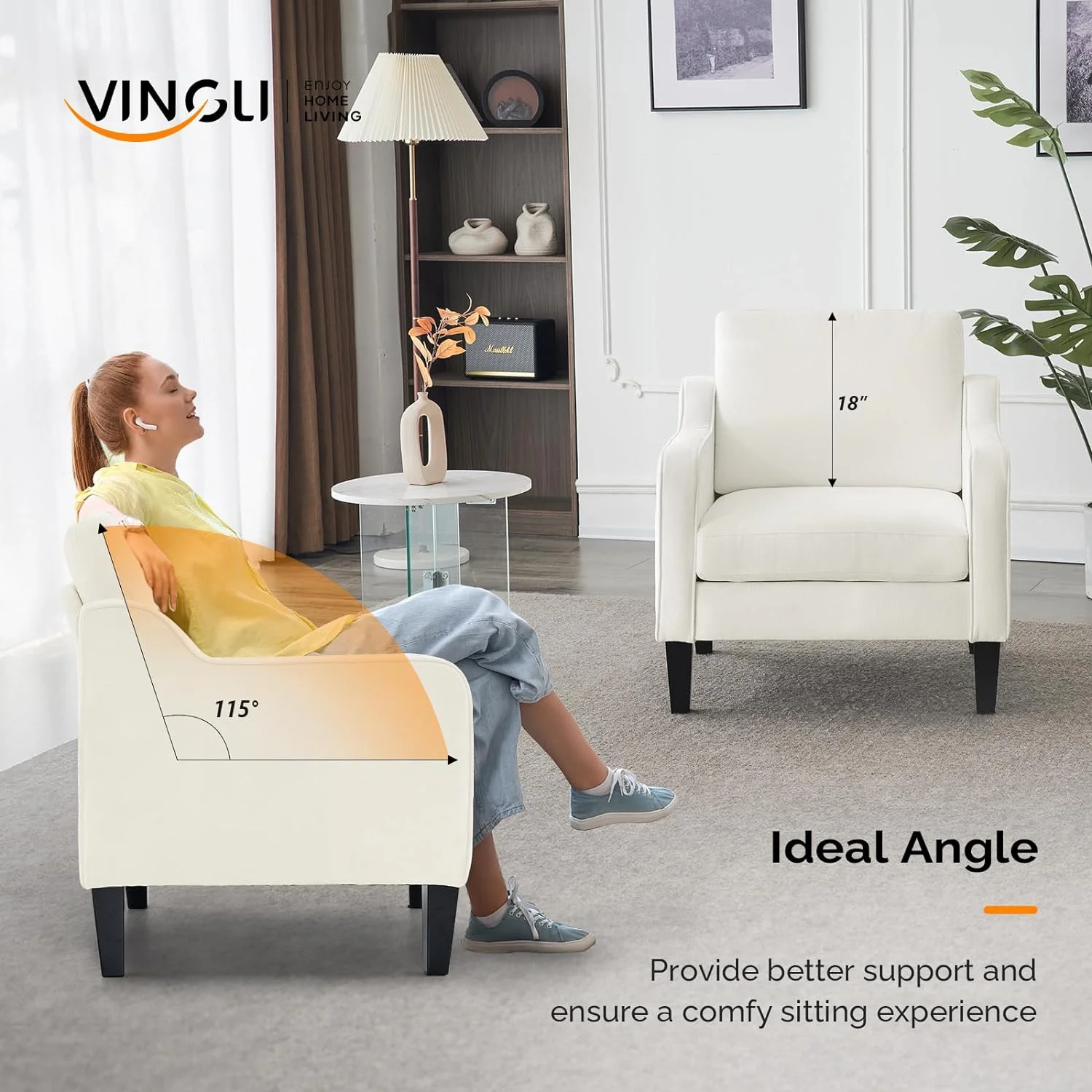 VINGLI Mid Century Modern Chenille Comfy Armchair, Creamy White - Image 13