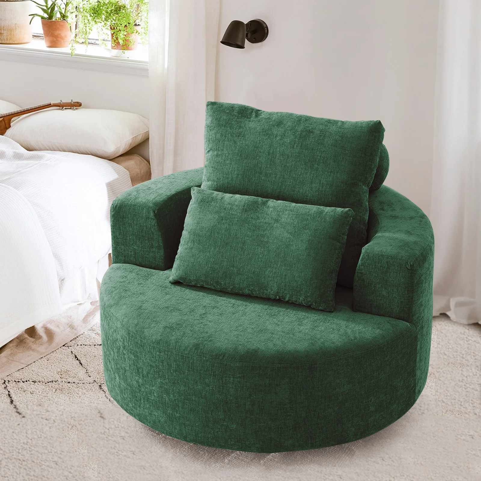 Fumahaus Upholstered Swivel Accent Chair, Oversized Comfy Round Sofa Chair with Two Pillows, Leisure Sofa Chair for Living Room Bedroom, Beige - Image 44