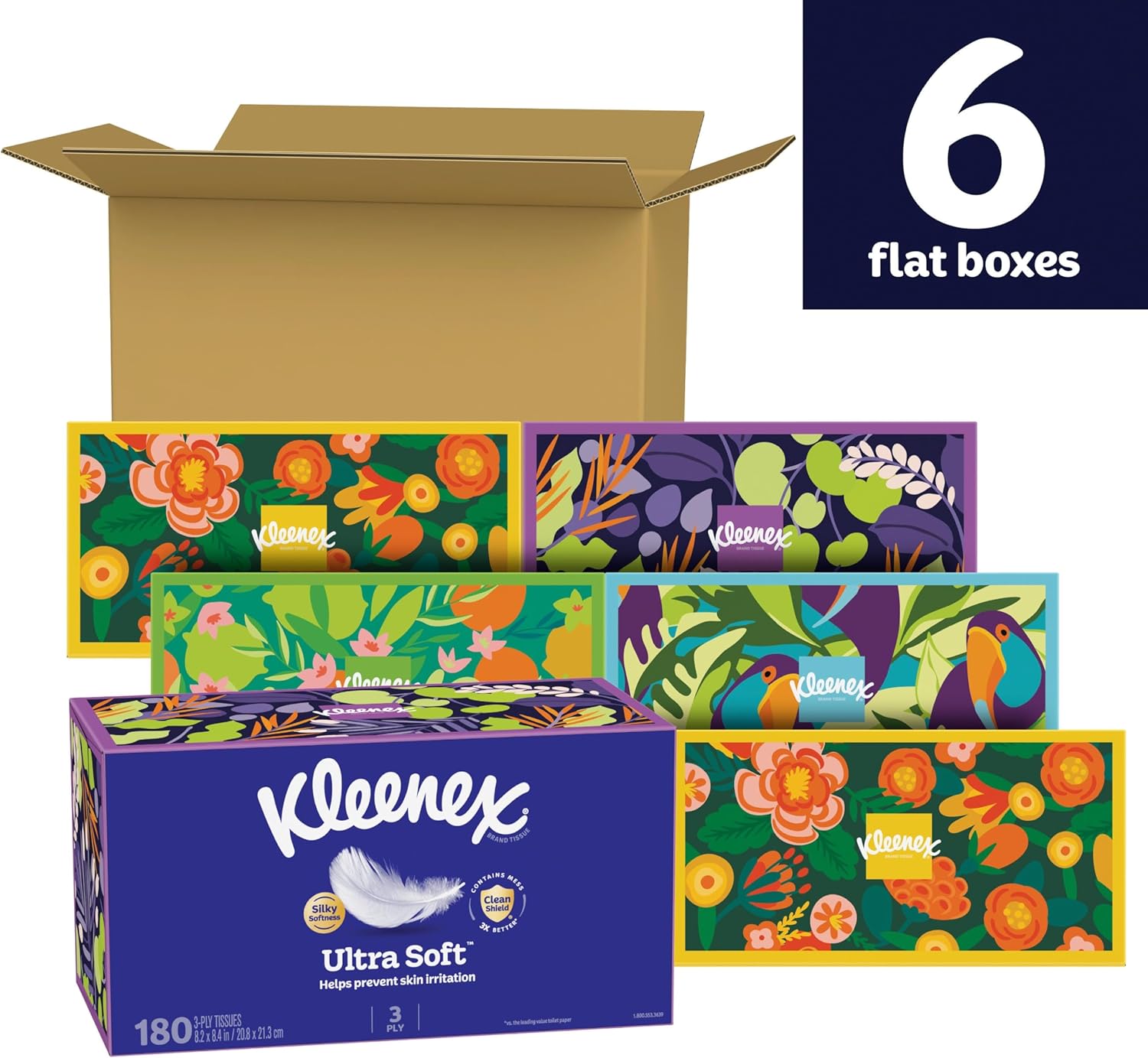 Kleenex Ultra Soft Facial Tissues, 6 Flat Boxes, 180 Tissues per Box, 3-Ply (1080 Total), Packaging May Vary