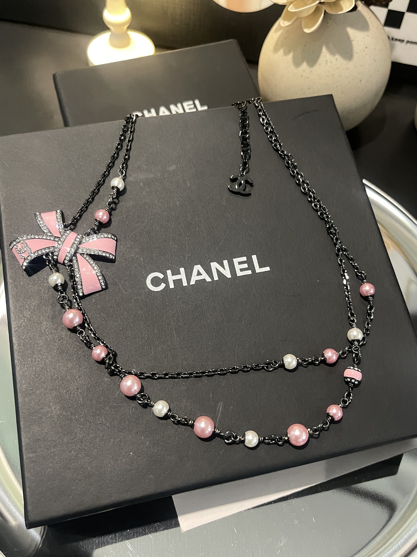 Chanel Two Layers Pink Bow Pearl Necklace - Original Replica Club