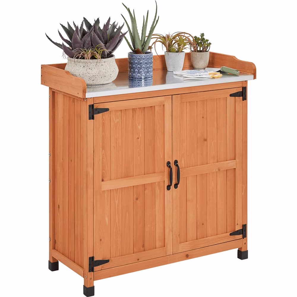 Yaheetech Outdoor Garden Potting Bench Table with Cabinet, Brown(Brown)