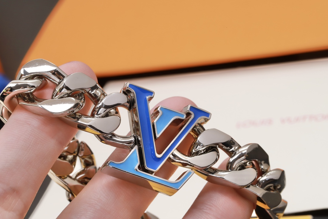 Louis Vuitton Silver Chunky Cuban Chain Blue LV Men's Bracelet - Original Replica Club