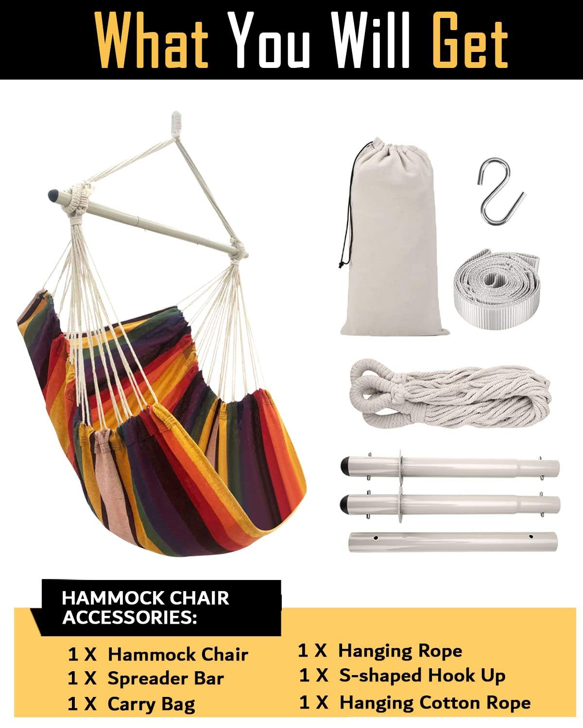 Bedroom Indoor Striped Hammock Chair With Two Cushions up to 440 Lbs Outdoor Patio Porch or Tree Swing Hammock Chair