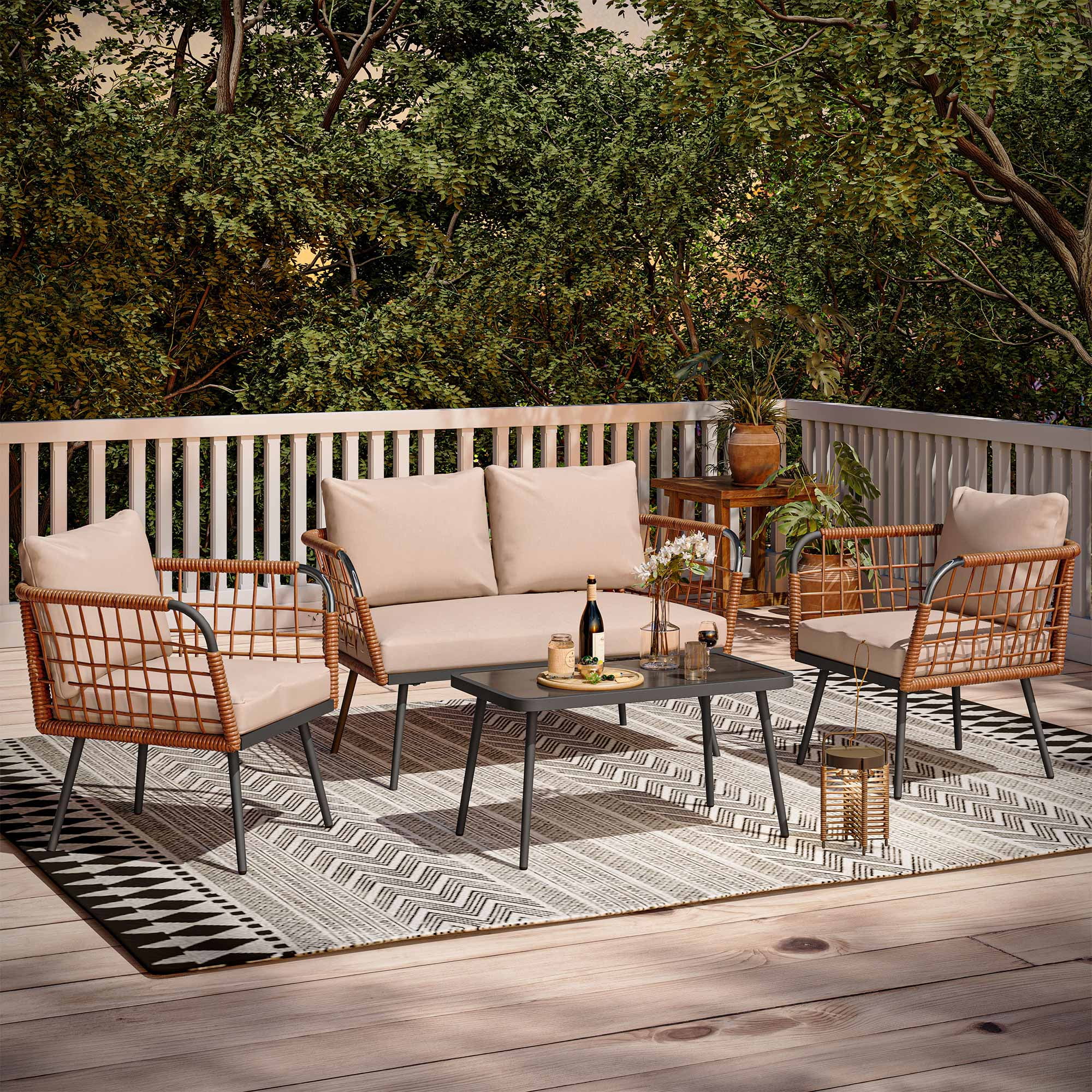 LAUSAINT HOME 4 Pieces Outdoor Conversation Sets, Patio Metal Frame Sofa with Wood Loveseat and Coffee Table, Beige Cushions - Image 10