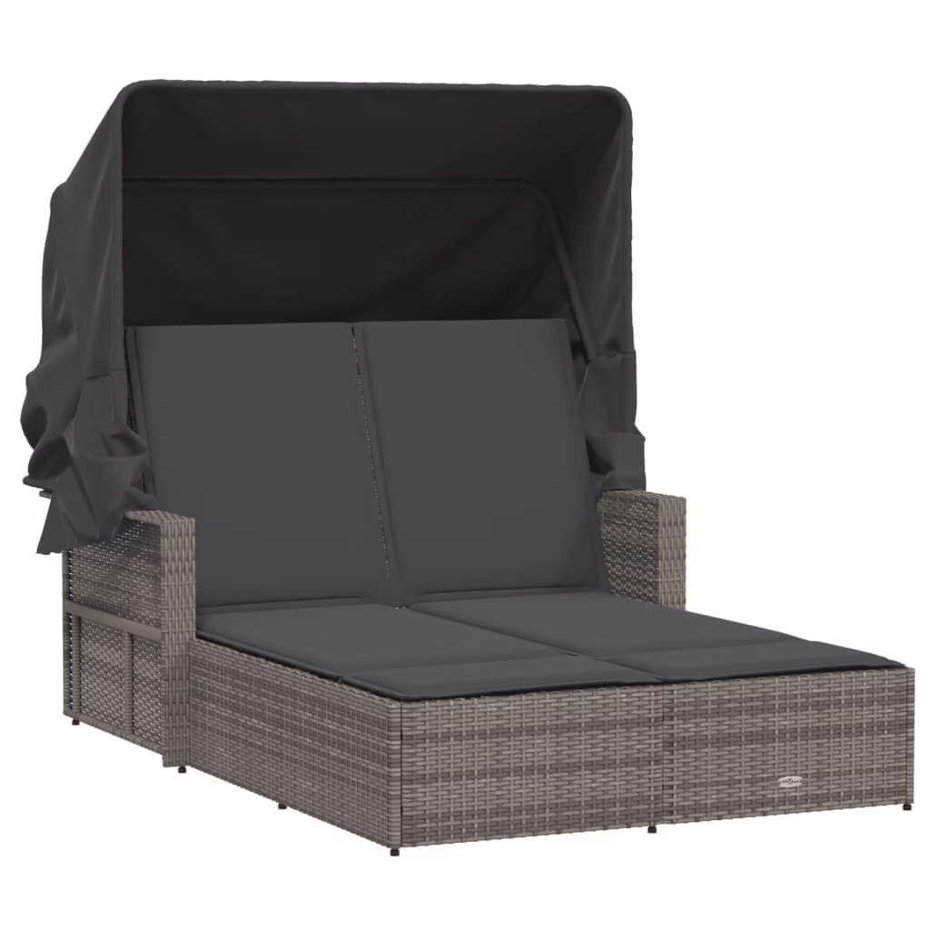 vidaXL Powder Coated Steel Removable Canopy and Cushions Double Sun Lounger, Beige - Image 3