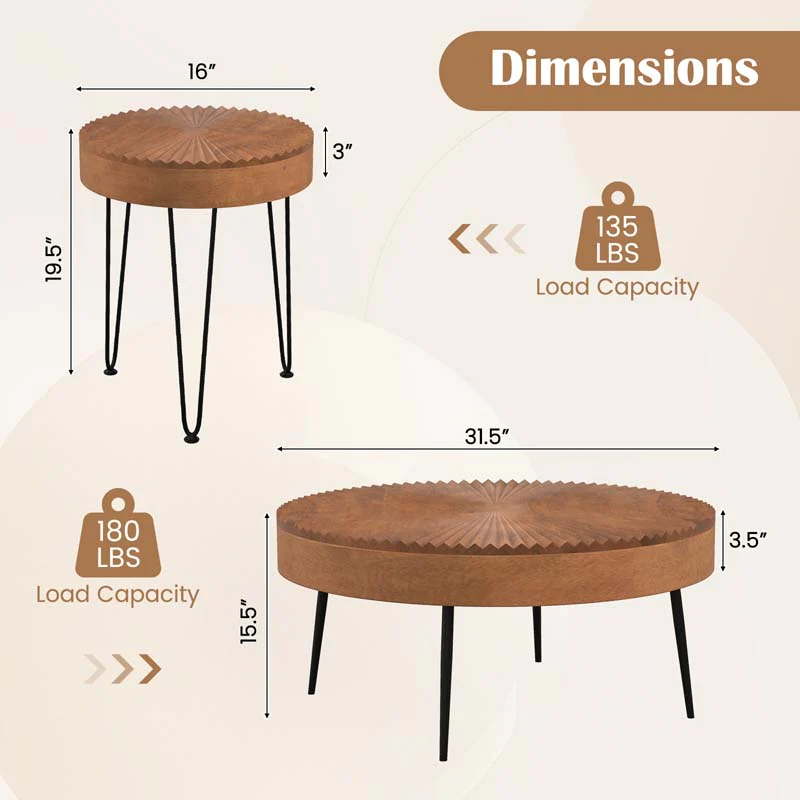 Eletriclife Set of 2 Boho Round Coffee Table with Solid Pine Wood Top and Metal Legs