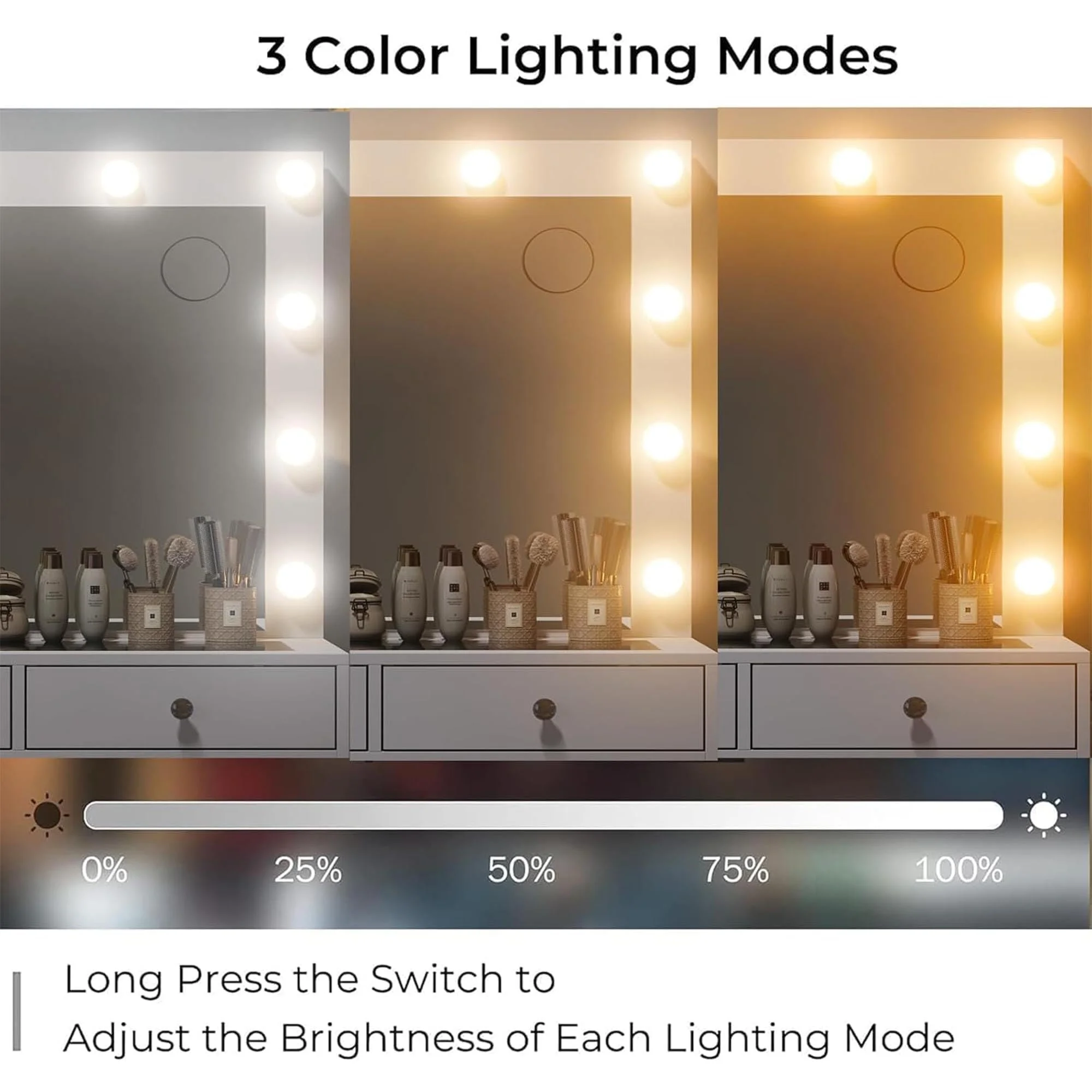 White Vanity Desk with Illuminated Mirror & Power Outlet, 11 Drawers Vanity Table with Chair, Makeup Vanity with 12 LED Lights, Tempered Glass Top, Dressing Table for Bedroom,Dressing Room - Image 7