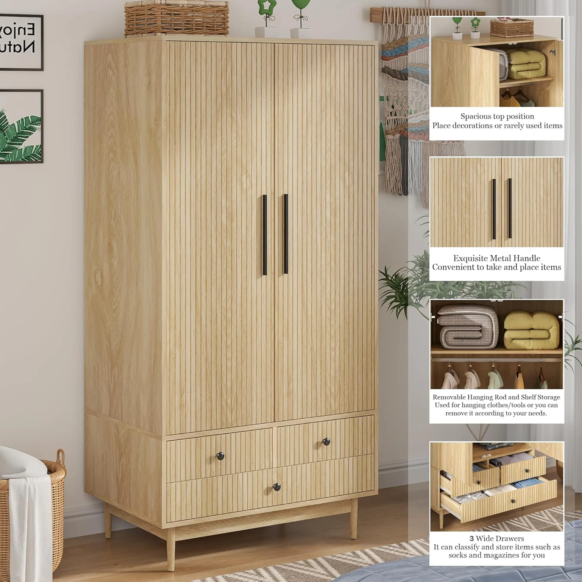 Oubayajia Wardrobe Armoire Closet, 2 Fluted Doors Wardrobe Cabinet with 3-Drawer and Hanging Rod, Wood Wardrobe Storage for Bedroom - Image 7