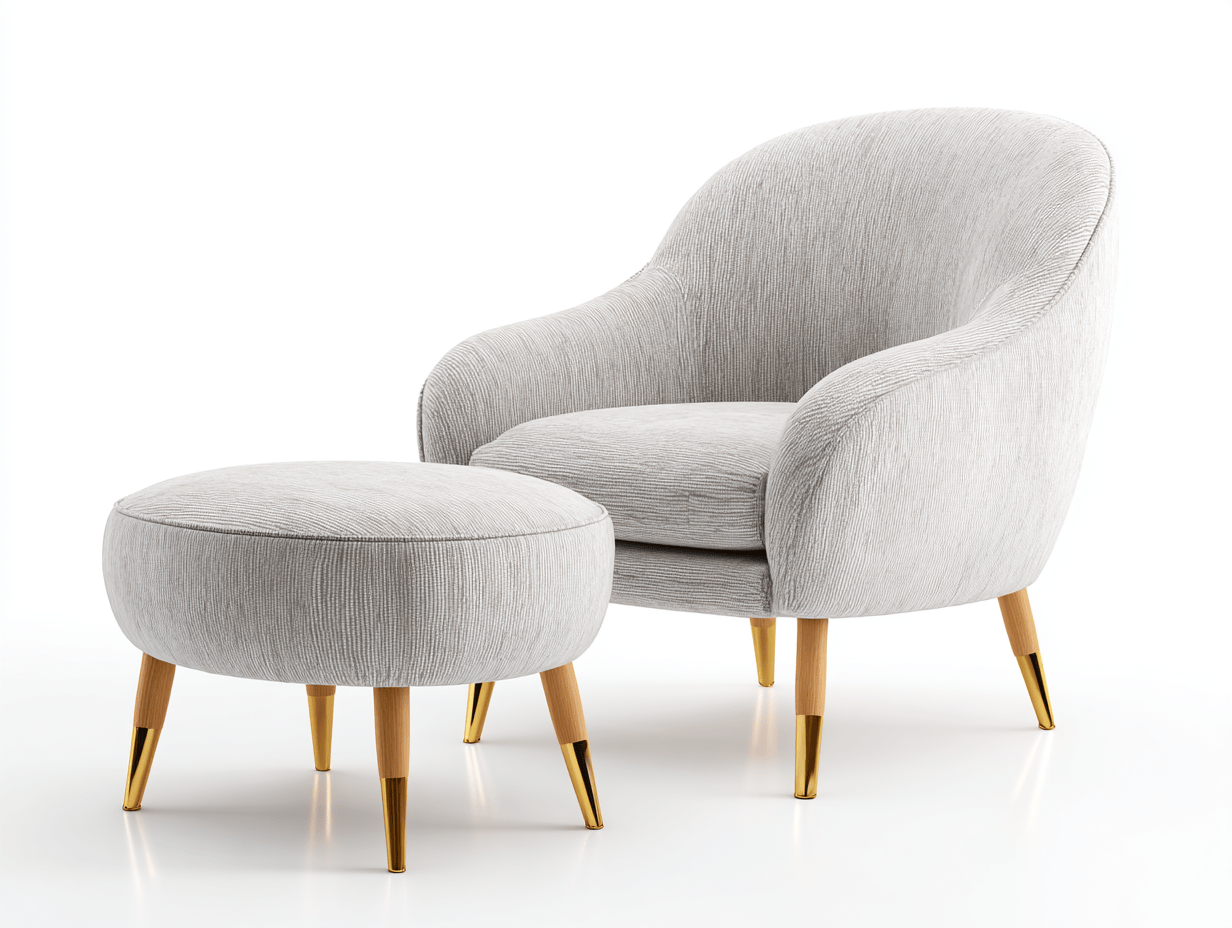 Sillón de tela gris claro con diseño de concha y reposapiés redondo 80×78×88 cm – patas doradas – estilo retro elegante