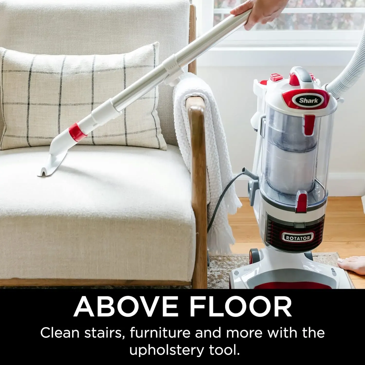 Rotator Professional Lift-Away Upright Vacuum with HEPA Filter, Swivel Steering, LED Headlights, Wide Upholstery Tool, Dusting Brush & Crevice Tool, White/Red, 12, 18, 14.