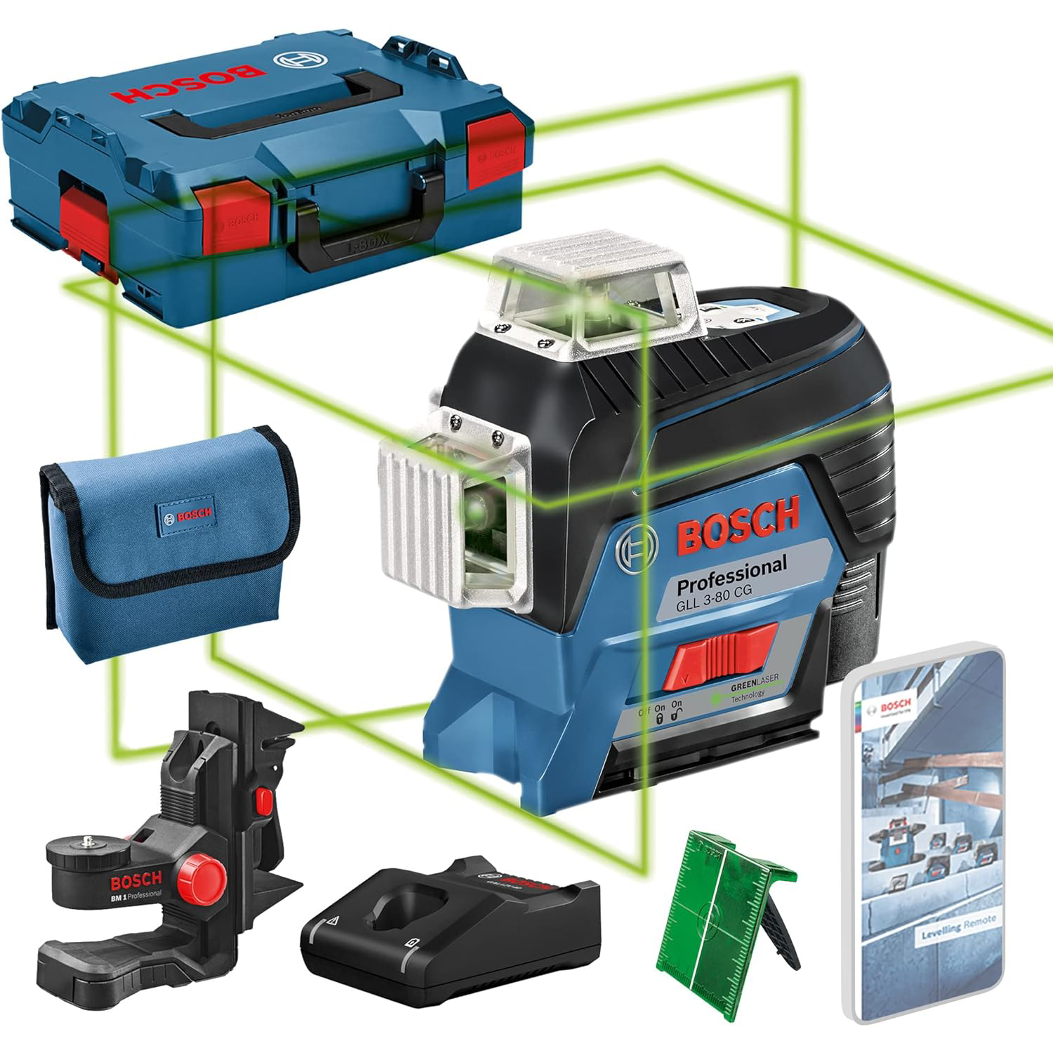 Bosch Professional 12V System Niveau Laser Lignes GLL 3-80 CG (1 batterie 12V, laser vert, pour l