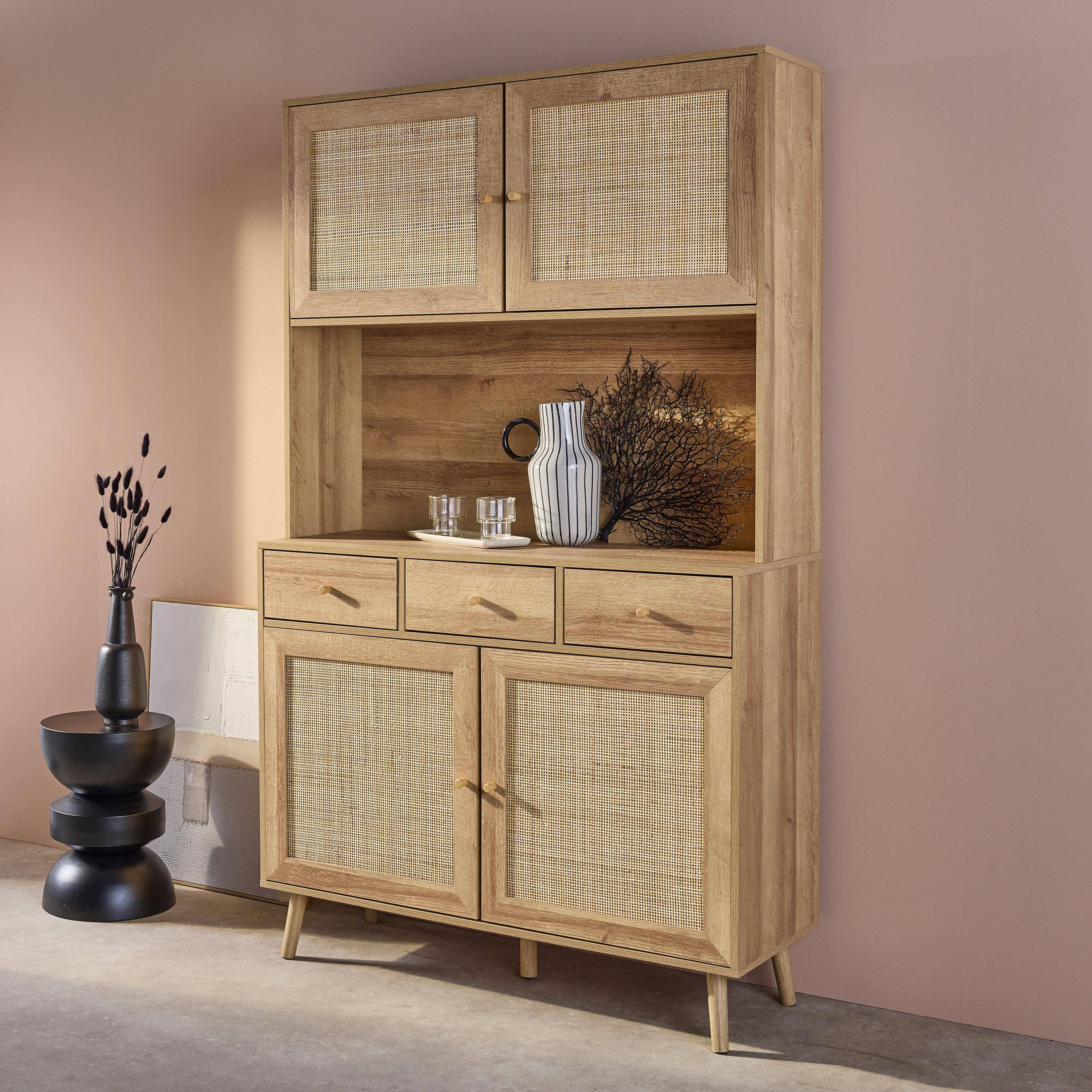 Boheme - Aparador de madera y caña, 4 puertas y 3 cajones, 110cm