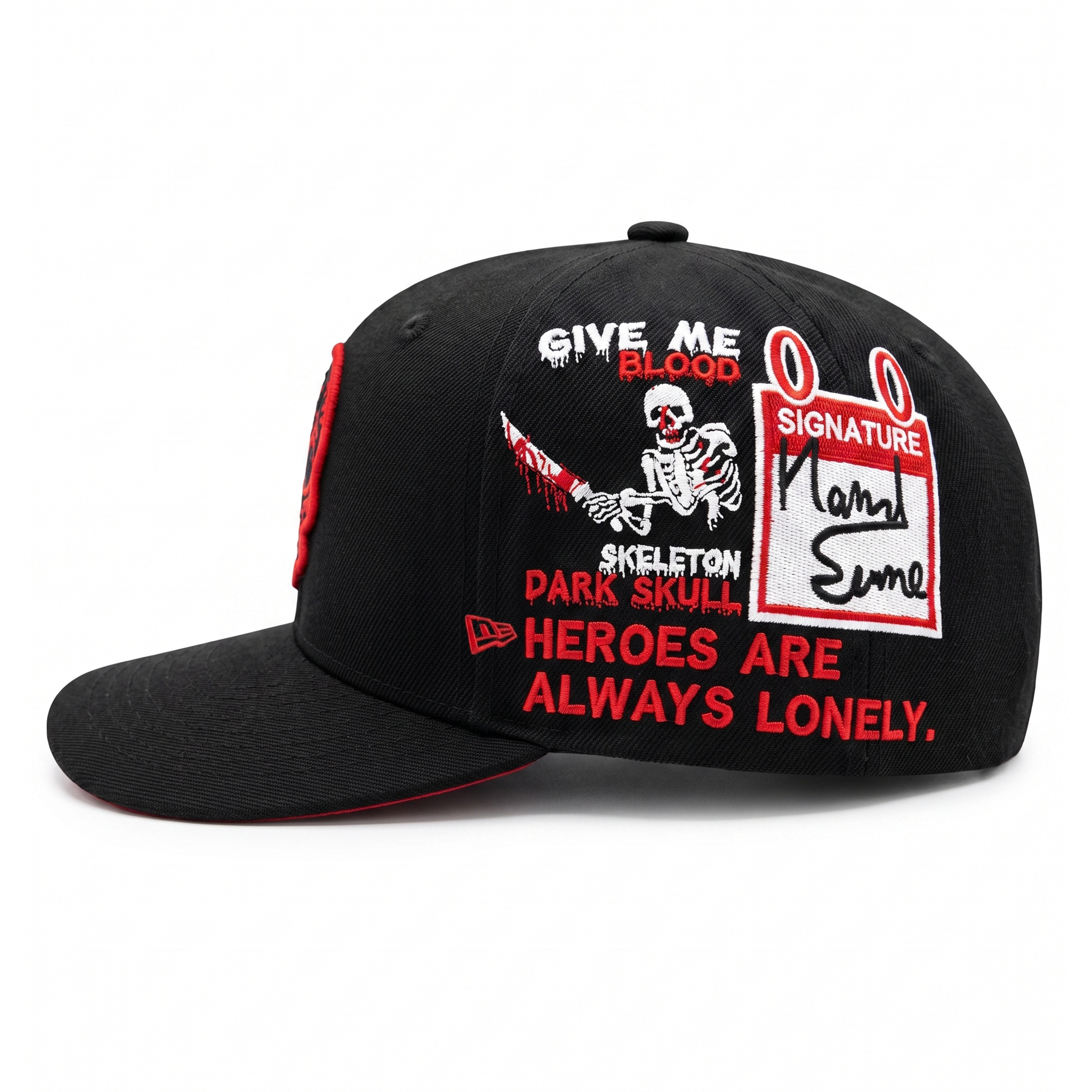 Right profile of a custom black New Era 59FIFTY cap showing detailed skeleton embroidery, 'Give me blood' text, and a signature patch.