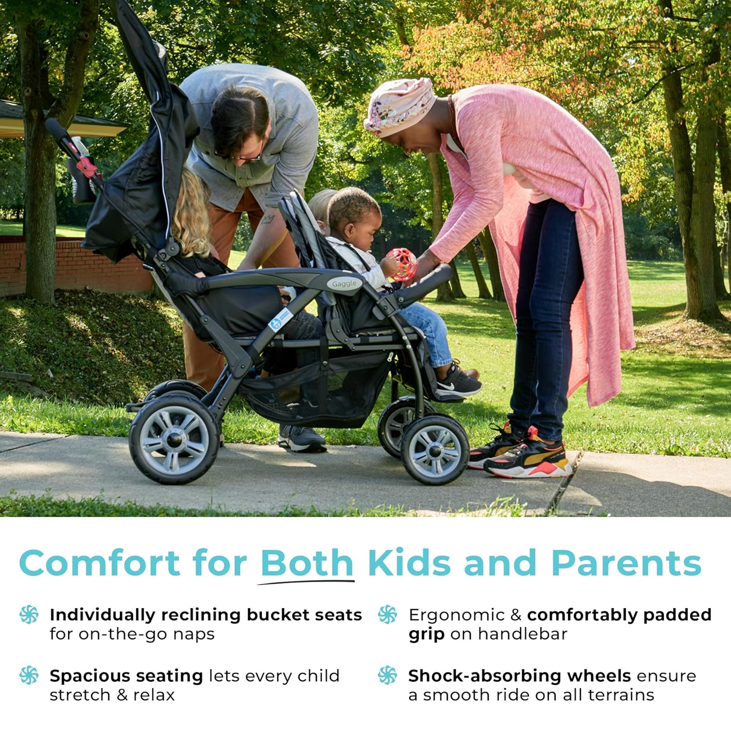 Compass Quad 4 Seat Stroller | 4-Seat Stroller for Daycare | Oversized UV Blocking Canopy | 5-Point Harness | Easy Loading | Storage Bucket | Teal