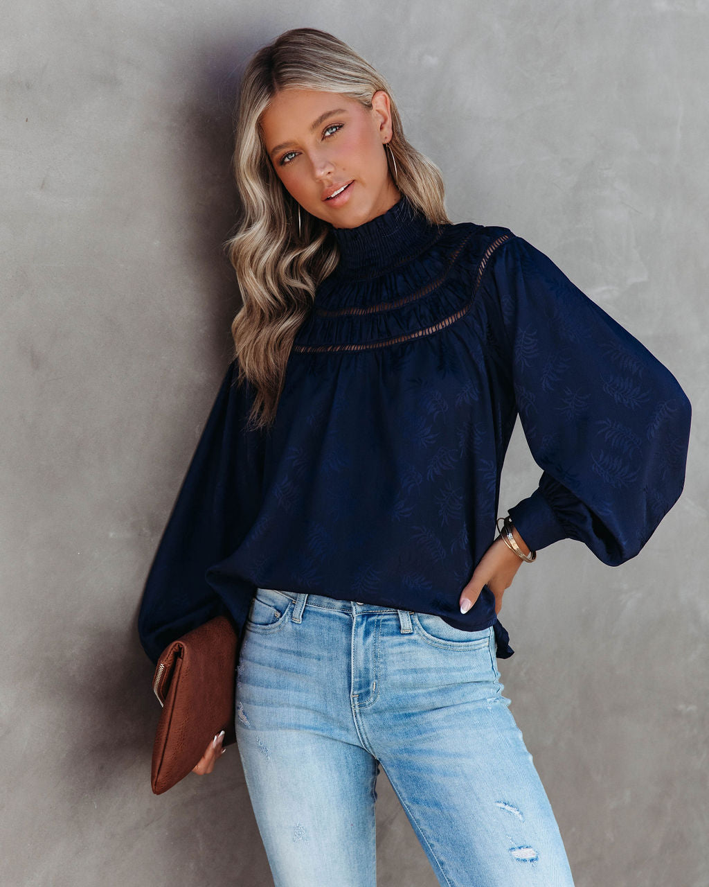 Rococo Mock Neck Top - Navy - SALE - Se7enfashion