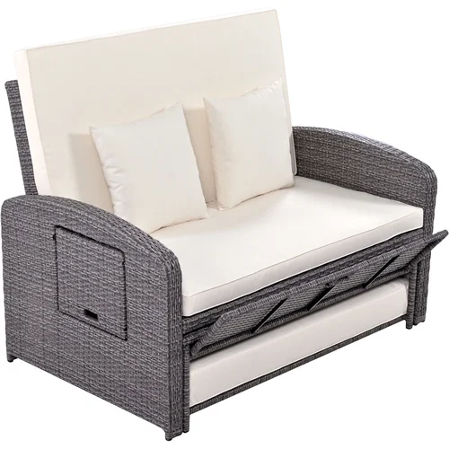 Harper & Bright Designs Rattan Outdoor Double Lounge Chaise 2-Person PE Wicker Outdoor Patio Sunbed with Canopy Cover for Backyard Garden Balcony, Beige+Black - Image 28