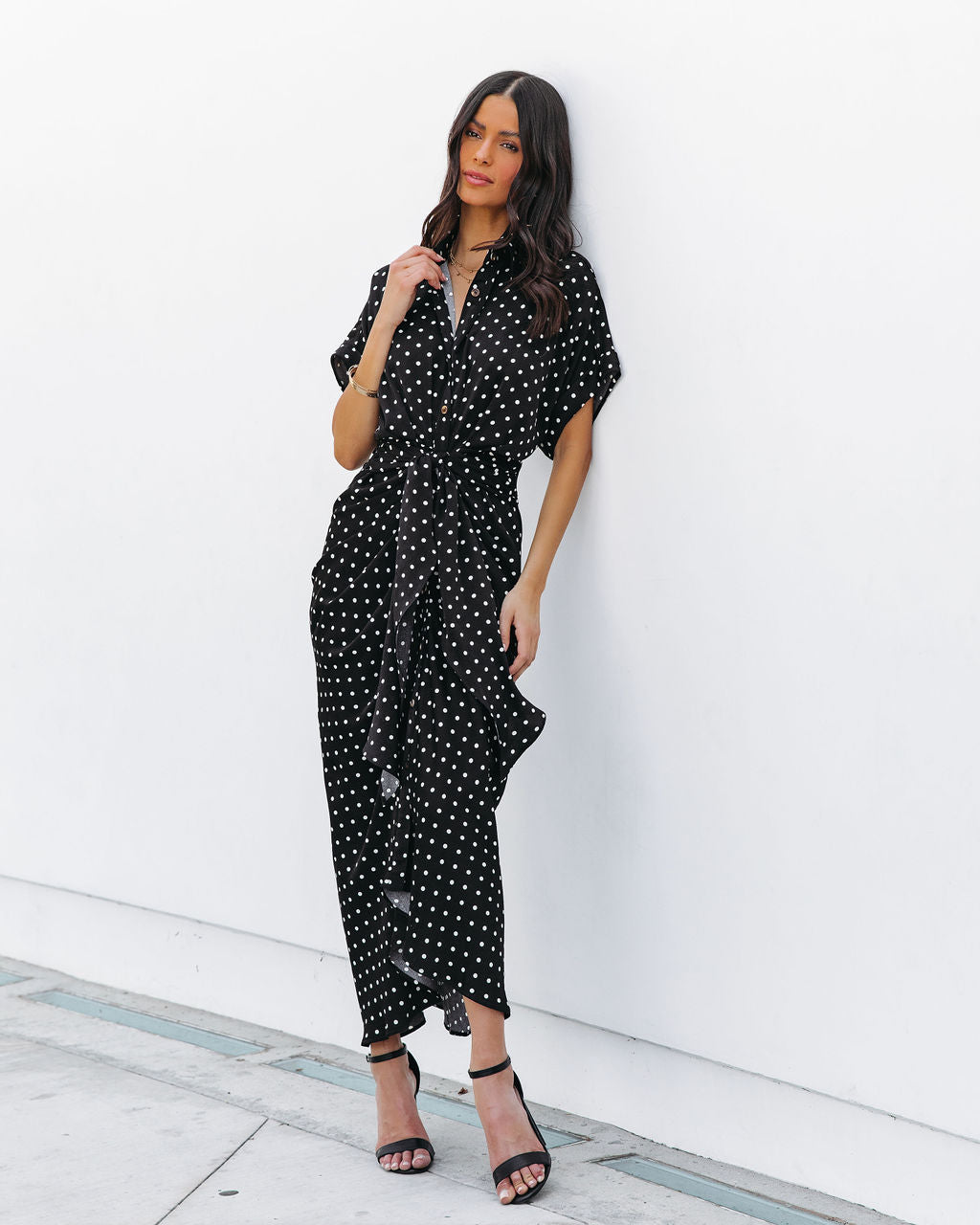 Aurielle Polka Dot Tie Front Midi Shirt Dress - Black - FINAL SALE - Se7enfashion